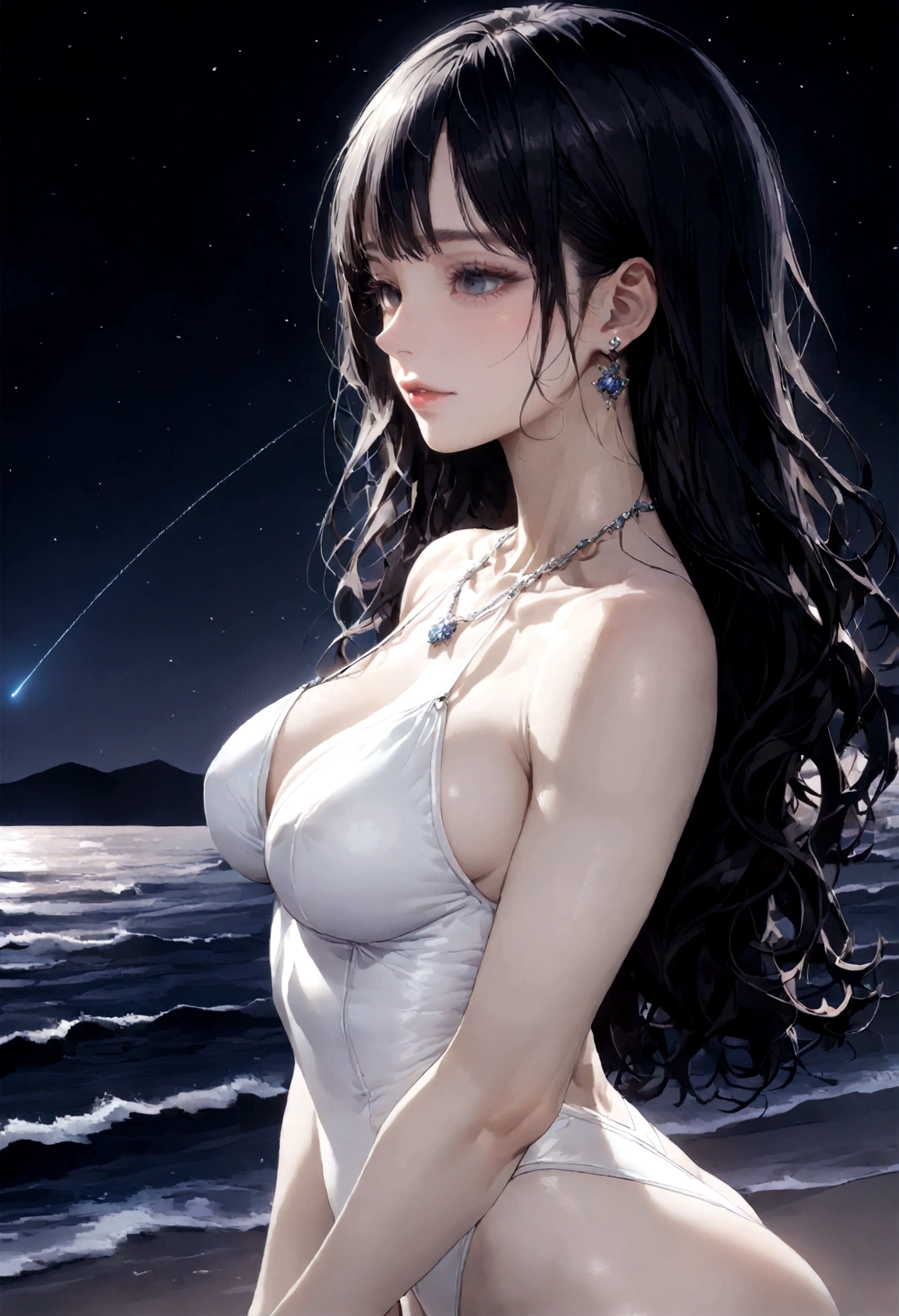 8k, masterpiece, RAW Photos, highest quality, Realistic, Very detailed, Depth of written boundary, Cinematic Light, Anatomically correct body,
One beautiful 40 year old woman, Very beautiful face, Exquisitely detailed face, (A calm and gentle face:1.4), Very delicate skin texture, Transparent muscle, Shiny white skin, Glamorous Body,
(Wavy black long hair:1.2), (Sexy Breasts:1.1), (Sexy ass:1.1),
(White leotard swimsuit:1.2), (Detailed cloth texture:1.2), (Gorgeous necklace:1.1), (Gorgeous earrings:1.1),
(Dark starry background:1.4), (Milky Way:1.1), (milky way:1.1), (shooting star:1.1), (Dark coastline at night:1.4), (Pitch black sea surface:1.4),
(Standing on the beach:1.2),
(Cowboy Shot:1.2),