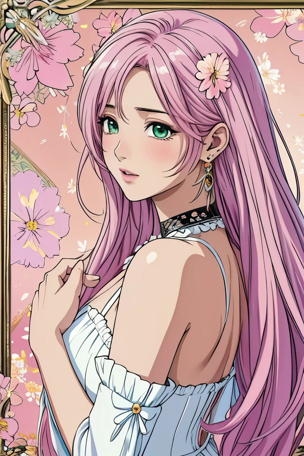 (masterpiece, top-quality, top-quality, Official art, Beautifully Aesthetic:1.2), green eyes, (highest quality, masterpiece painting:1.3), immature woman, , (half body shot), masterpiece, ultra high resolution, (((Flower frame, A lot of flowers in the frame, round frame, A beautiful girl fits into the frame))), Decorative panel, abstract art, (shot from a side angle), (Photoreal:1.0), ((light pink hair)),straight hair, beautiful shining hair, white and shining skin, Painterly, sketch, Texture, 超A high resolution, solo, Beautuful Women, A highly detailed, (Fractal Art:1.1), (colourfull:1.1), (florals:1.6), The most detailed, (Zentangle:1.2), (Dynamic Poses), (Abstract background:1.3), (shinny skin), (Many colors:0.8), (earrings:1.4), (pluma:0.9), Taisho romance