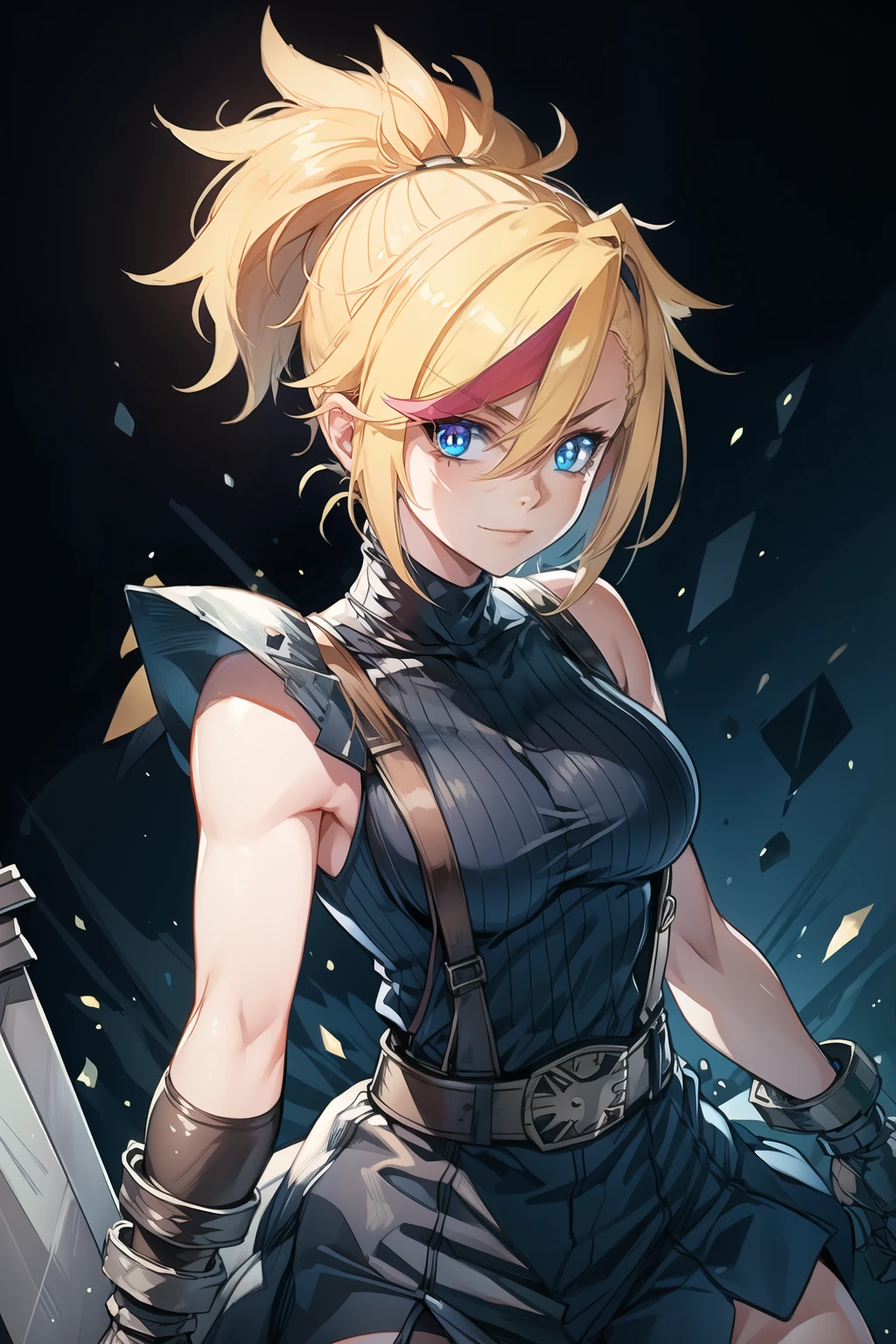 (masterpiece, best quality:1.2), Blue  glowing eyes, perfect face, highres, 1 girl, solo, ultra long ponytail, (female:1.5), strife, blonde hair, shoulder armor, sleeveless turtleneck, suspenders, belt, gloves, bracer, evil smile, standing, portrait, looking at viewer, giant sword on the back