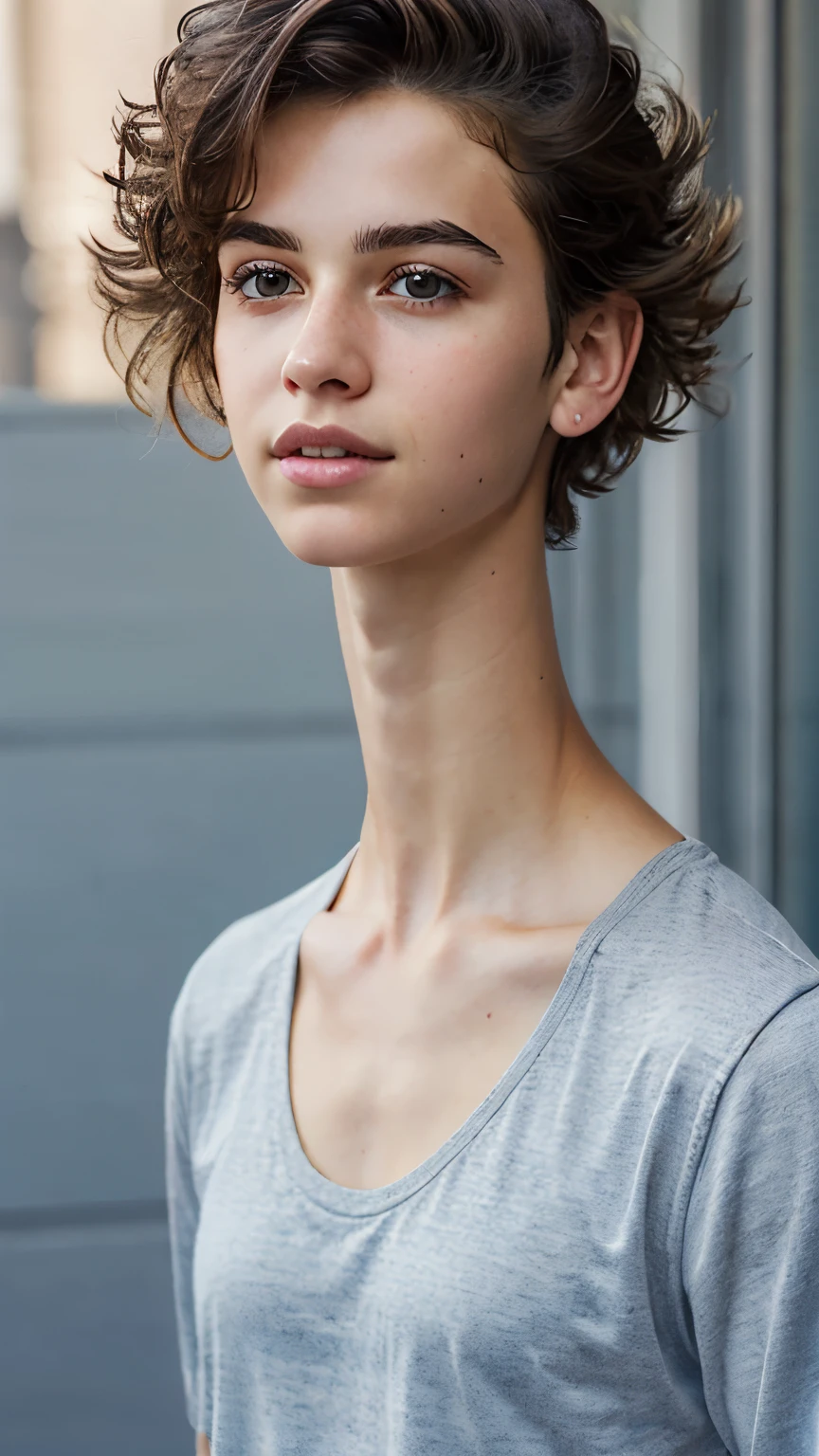 (ultra realistic, highly detailed:1.4), best quality, portrait of an 18 yo. boy, androgynous, (flat chest), loose fluffy hair, bedhead, (longneck:1.5)