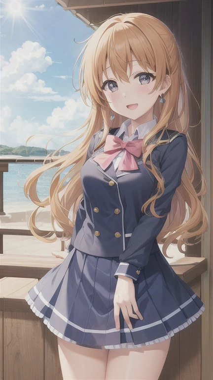 kanata_konoe, 1girl, solo, (illustration:1.1),(best quality),(masterpiece:1.1),(beautiful and clear background:1.25),(extremely detailed CG unity 8k wallpaper:1.1), (colorful:0.9),(depth of field:0.75),( ink splashing:0.95),(color splashing:0.85),(watercolor:0.65),
(cowboy shot:1.4),blue (school uniform:1.4), :d, dress, earrings,looking_at_viewer, neck_ribbon, smile,
classroom, indoor, sunny, detailed blue sky