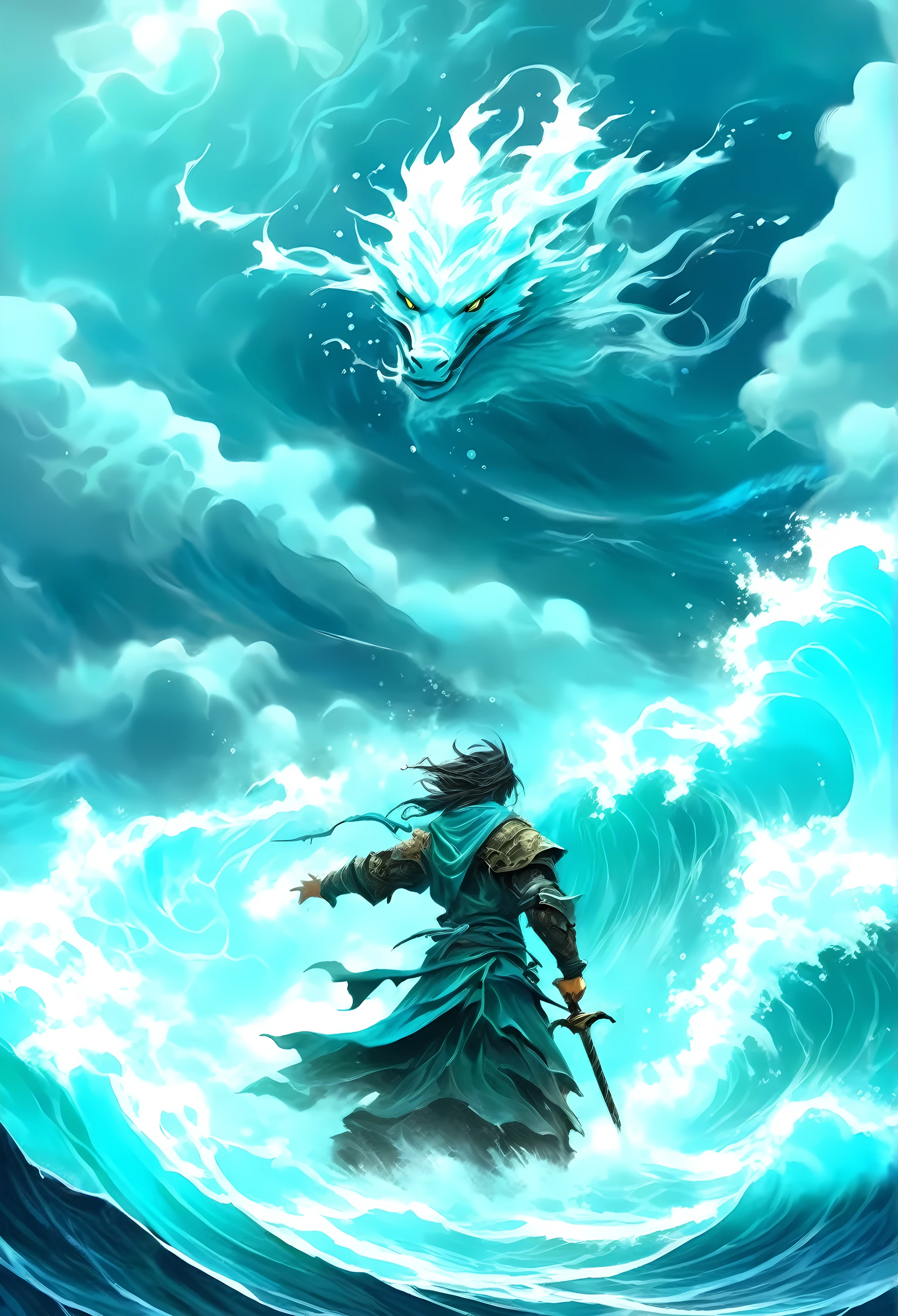 A young sorcerer controlling a torrent of water that forms into various shapes like dragons and waves, Cliffside overlooking a vast, turbulent ocean with storm clouds brewing in the distance, Empowering and intense with a sense of raw elemental magic, Anime Style High-energy digital painting with bold, dynamic lines and dramatic contrasts to emphasize the sorcerer's power and the churning ocean below