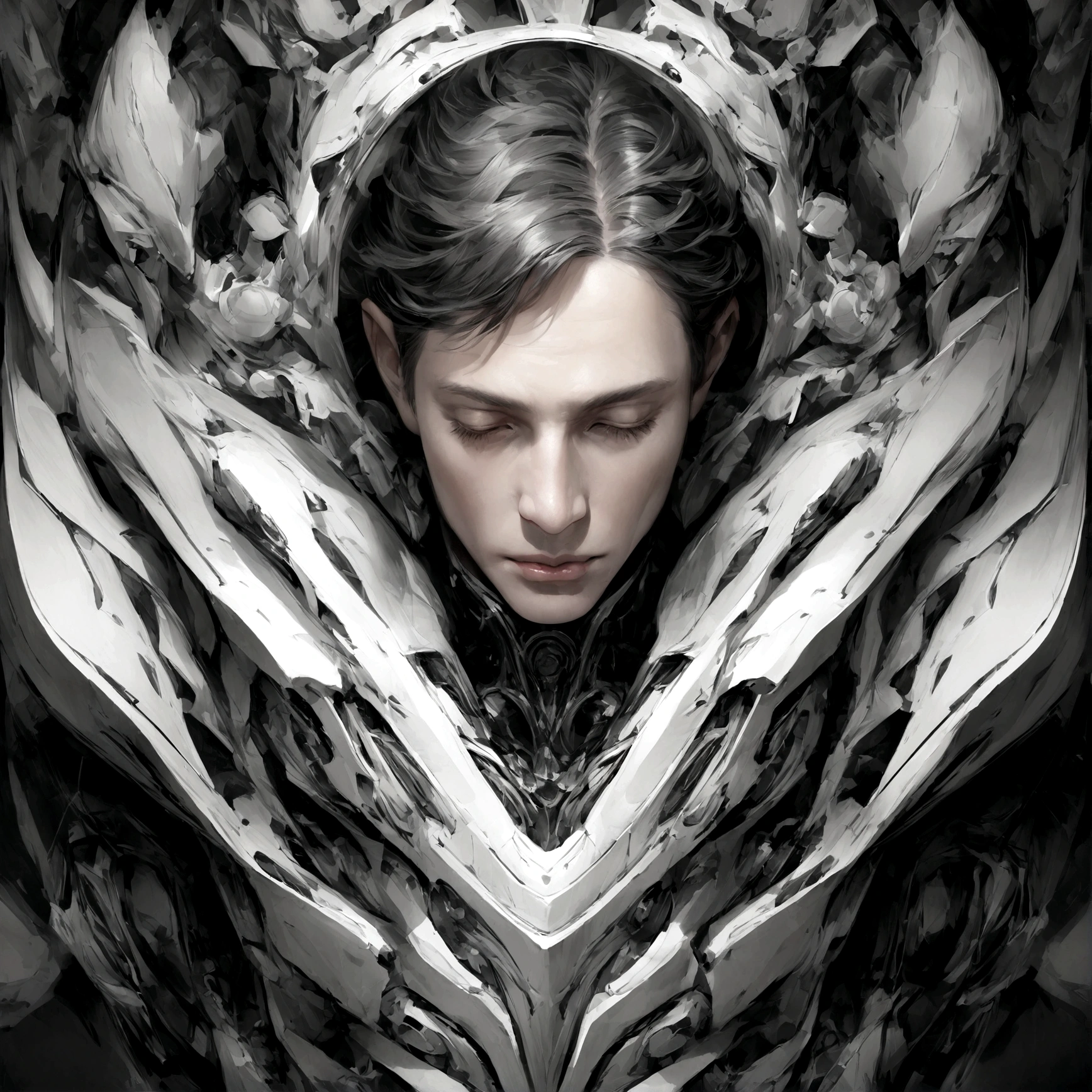 front face of a man looking down, black and white hyper realistic image