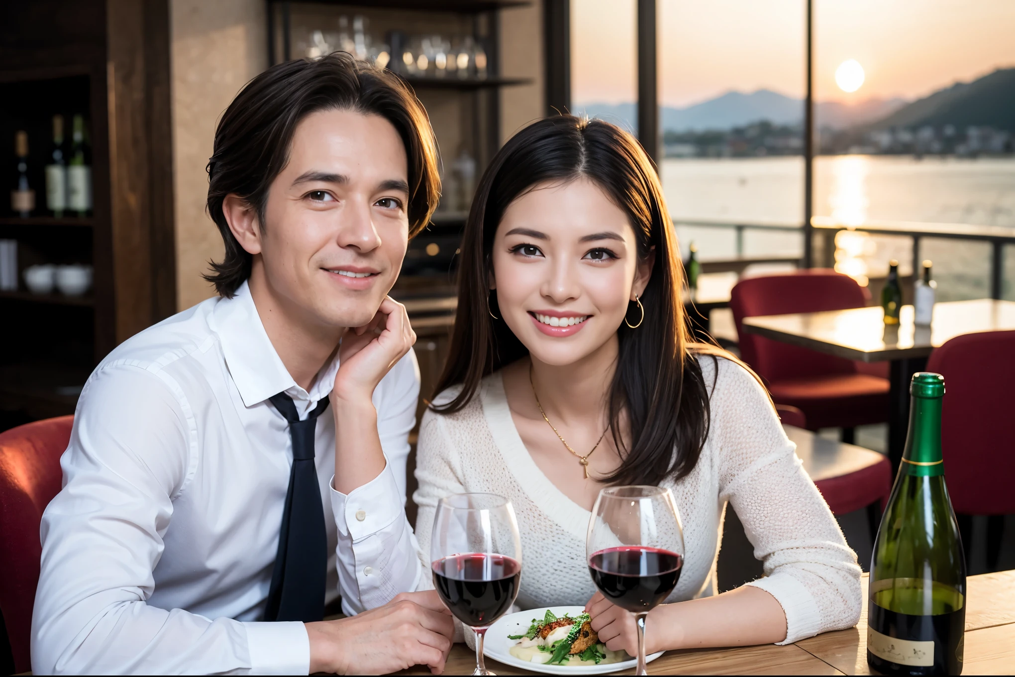 ((highest quality、8k、masterpiece:1.3))、1 male、1 female、Spouse、Beautiful couple、smile、 (Slim face), (the body is スリム), (Brown Hair), (Shortcuts), ((Bob Hale、Straight hair:1.2)), テーブルの上のwine glass、Please shine a light on my face、 Amazing view of the sunset sky and clouds、Amazing mountain views、The beauty of a smile、Bright image、Blushing, Shortcuts,Bright Face、 (42 years old), 39 years old, red wine 、Appetizers、Italian food、Wine bottle、Champagne、sparkling wine、Long sleeve shirt、dress、Attractive beauty、restaurant, Nova Frog Style, actress, model, Upper Body, White wine, red wine, wine glass,
