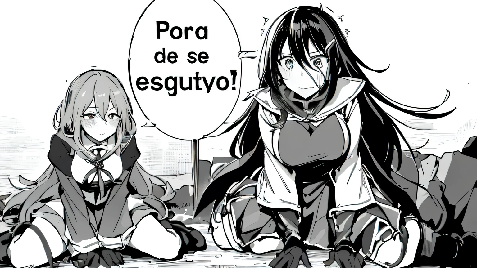a cartoon picture of two girls sitting on the ground with a sign in the background, witch academia, isekai manga panel, isekai, manga!!!, fus rei, manga panel, manga!, manga anime, sougetsu, as a manga panel, manga, black and white manga panel, manga panels, hahaha!', 🚿🗝📝, from cryptid academia