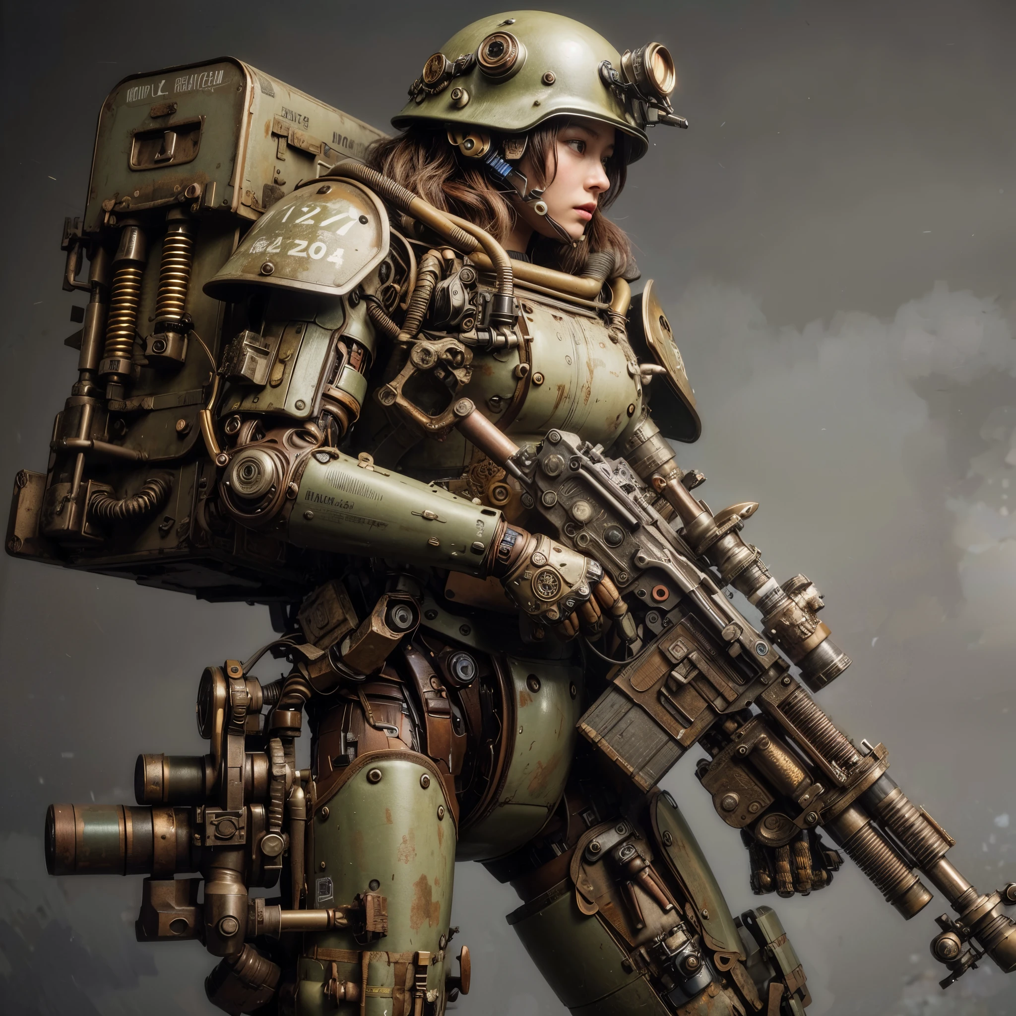 8k,Realistic Photo, Realistic Skin Texture, Superrealism, (WWⅡ-like mechanical suit:1.2), Beach of the Normandy Landing Operation、heavy weapons,vivid textures,animal legs,  japanese female soldier,(ultra beautiful face),((super realistic all textures)), ((super intricate all details)), full body shot, ultra sharp photo result, Olive Drab color, scratch, Rust, weathering, steampunk, taken with Fuji film X-T30+Nokton. HDR10,Minimum of 4 pieces created