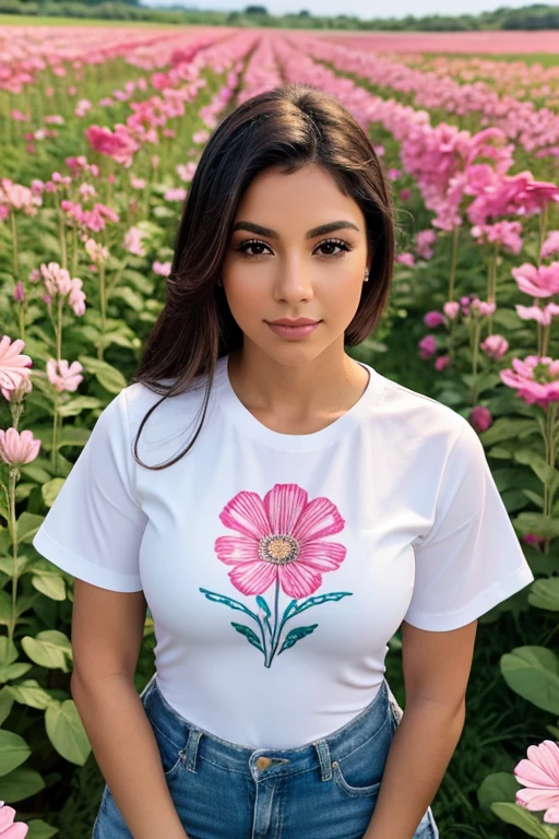 1 woman, Hispanic decent, Latina heritage, beautiful face, wearing a white low-cut shirt with pink floral pattern, short sleeves, standing in a field of flowers