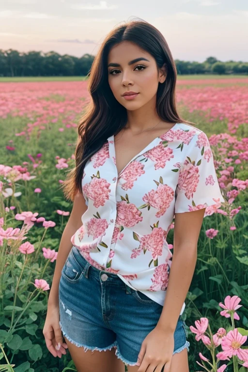 1 woman, Hispanic decent, Latina heritage, beautiful face, wearing a white low-cut shirt with pink floral pattern, short sleeves, standing in a field of flowers
