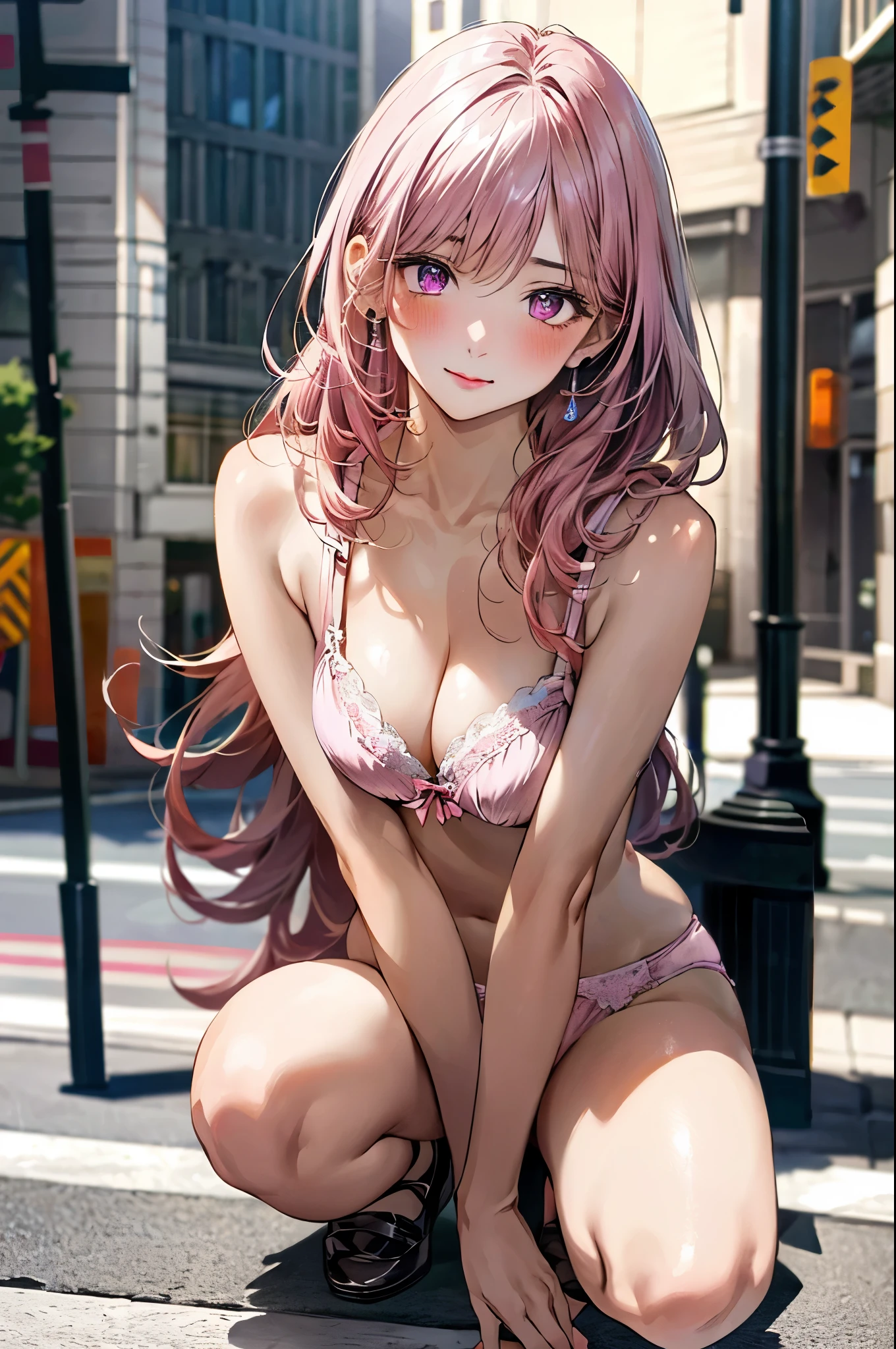 (masterpiece:1.3, top-quality, ultra high res, ultra detailed), (realistic, photorealistic:1.4), beautiful illustration, perfect lighting, natural lighting, colorful, depth of fields, surrealism,
beautiful detailed hair, beautiful detailed face, beautiful detailed eyes, beautiful clavicle, beautiful body, beautiful chest, beautiful thigh, beautiful legs, beautiful fingers, shiny skin,
looking at viewer, 1 girl, high school girl, (perfect anatomy, anatomically correct, super detailed skin), cute and symmetrical face, babyface, perfect face, perfect eyes, slender,
(long hair, straight hair, pink hair), bangs, dark purple eyes, drooping eyes, long eye lasher, (medium breasts, seductive thighs),
pink bra, pink panties, breast, bottomless,
(beautiful scenery), evening, (city sidewalk), squatting, arms behind head, spread legs, (lewd face, blush),