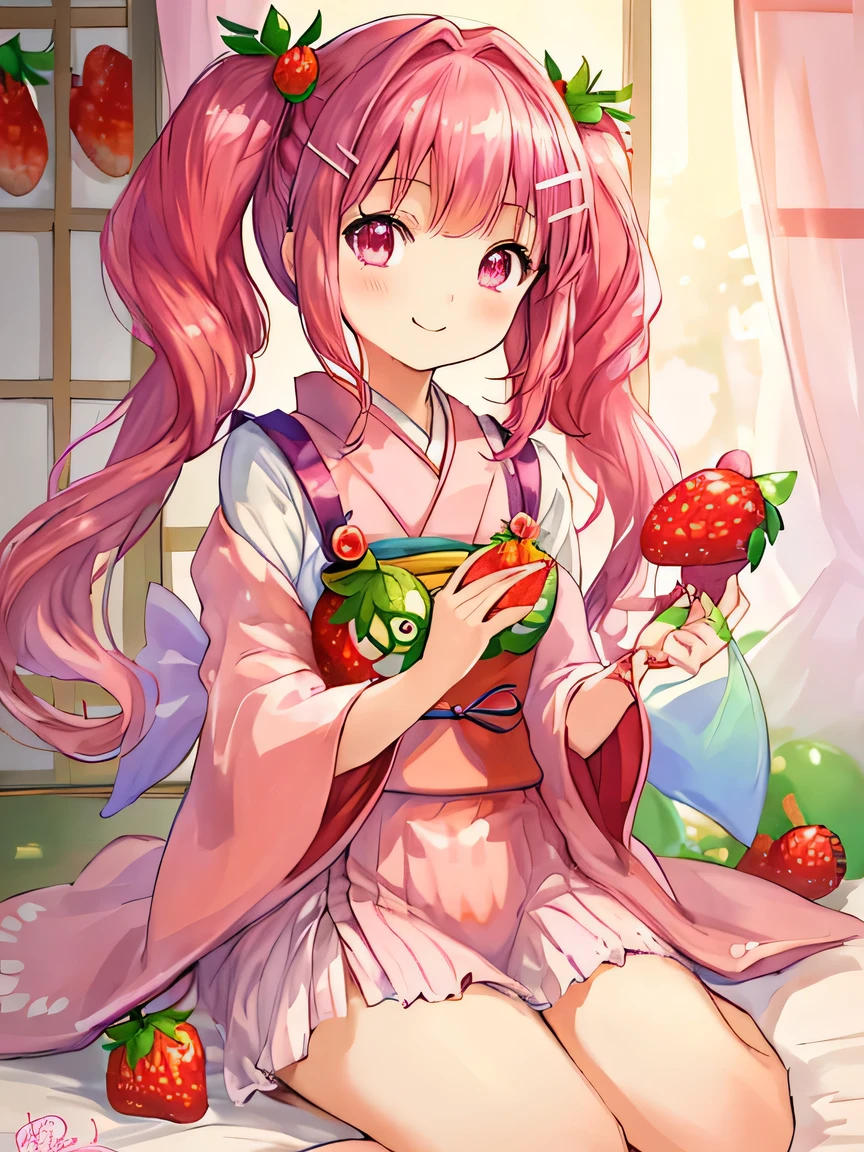 ((masterpiece)), ((best quality)), (ultra-detailed), ((kawaii)), cute, (lovely), illustration, anime style, A soft and gentle anime illustration. It features a 12-year-old girl with fluffy, permed twin-tails dyed pink and large strawberry hair ties. She has pink eyes and a cute, confident smile. Her overall appearance is adorable and exudes a sense of self-assurance, (holding a Japanese cartoon characters Masks of :1.3), (Strawberry shaped hair clip:1.5).