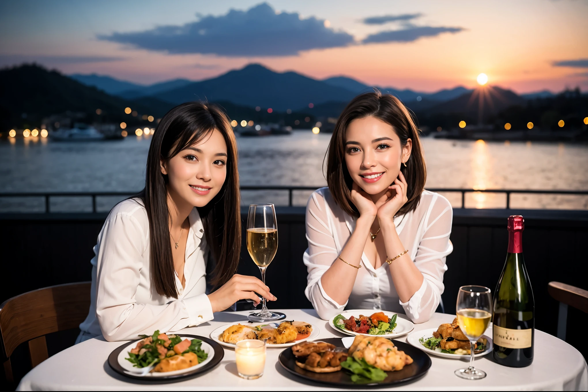 ((highest quality、8k、masterpiece:1.3))、1 male、1 female、Spouse、Beautiful couple、smile、 (Slim face), (the body is スリム), (Brown Hair), (Shortcuts), ((Bob Hale、Straight hair:1.2)), テーブルの上のwine glass、Please shine a light on my face、 Amazing view of the sunset sky and clouds、Amazing mountain views、The beauty of a smile、Bright image、Blushing, Shortcuts,Bright Face、 (42 years old), 39 years old, red wine 、Appetizers、Italian food、Wine bottle、Champagne、sparkling wine、Long sleeve shirt、dress、Attractive beauty、restaurant, Nova Frog Style, actress, model, Upper Body, White wine, red wine, wine glass, 