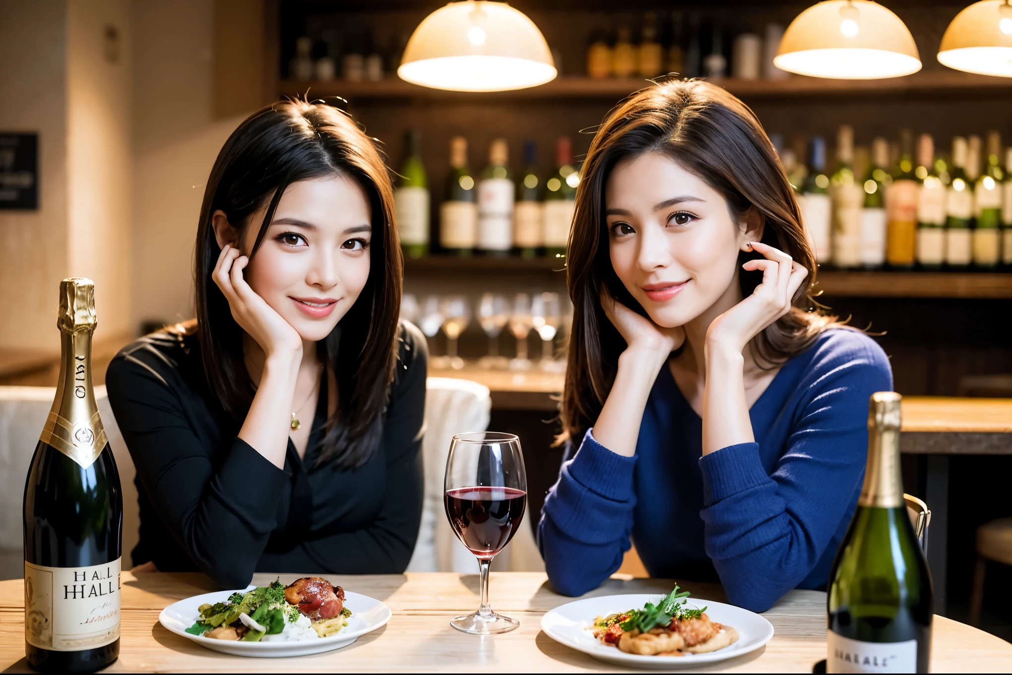 ((highest quality、8k、masterpiece:1.3))、1 male、1 female、Spouse、Beautiful couple、smile、 (Slim face), (the body is スリム), (Brown Hair), (Shortcuts), ((Bob Hale、Straight hair:1.2)), テーブルの上のwine glass、Please shine a light on my face、 Amazing view of the sunset sky and clouds、Amazing mountain views、The beauty of a smile、Bright image、Blushing, Shortcuts,Bright Face、 (42 years old), 39 years old, red wine 、Appetizers、Italian food、Wine bottle、Champagne、sparkling wine、Long sleeve shirt、dress、Attractive beauty、restaurant, Nova Frog Style, actress, model, Upper Body, White wine, red wine, wine glass,