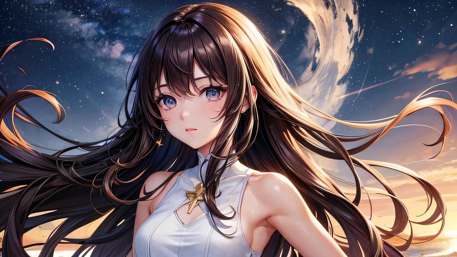Beautiful woman 1.3, Beautiful brown hair、Straight Long Hair: 1.2, summer: 1.2,night: 1.1, Ultra-high resolution, Accurate, Super detailed, Textured skin, High detail, highest quality, 8k,Thin bangs,Upper Body,Well-drawn eyes, Focus on the face,White cross strap tank top dress,Detailed hair depiction,Detailed depiction of eyes、Detailed depiction of hair、Upper Body、Starry Sky