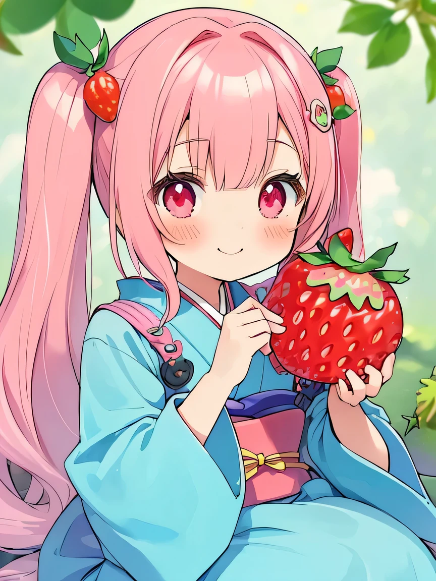 ((masterpiece)), ((best quality)), (ultra-detailed), ((kawaii)), cute, (lovely), illustration, anime style, A soft and gentle anime illustration. It features a  with fluffy, permed twin-tails dyed pink and large strawberry hair ties. She has pink eyes and a cute, confident smile. Her overall appearance is adorable and exudes a sense of self-assurance, (holding a Japanese cartoon characters Masks of :1.3), (Strawberry shaped hair clip:1.5).