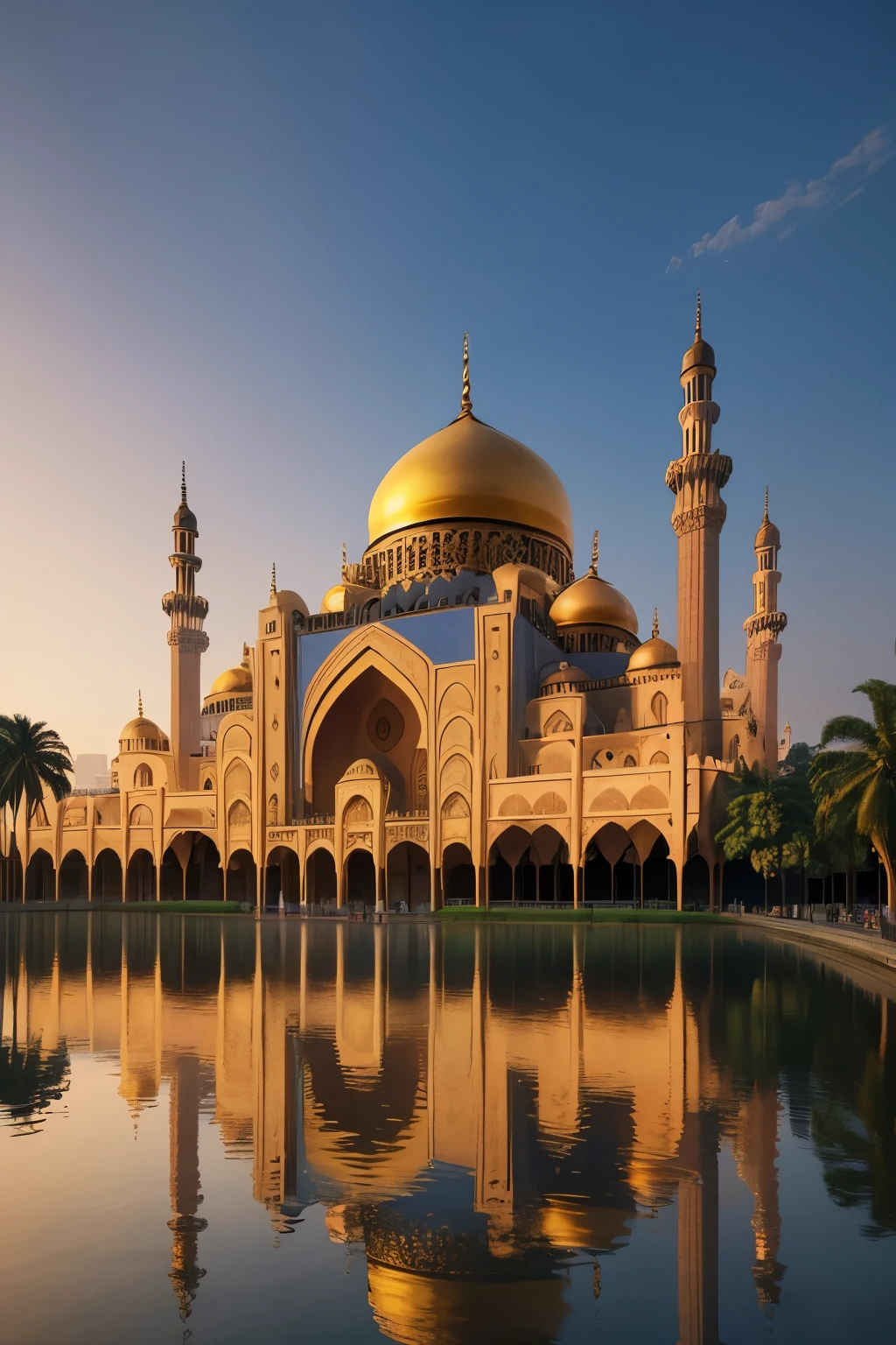 A captivating image of an open, ornate mosque towering grandly in the heart of a splendid, realistic city. The structure, bathed in soft, golden light, showcases intricate architecture and elaborate designs, mirroring the luxurious surroundings. The cityscape, filled with majestic buildings and lush greenery, complements the mosque's ancient beauty, creating a visual spectacle in 4K resolution. The atmosphere is serene, with a Dutch angle adding a sense of depth and grandeur to the architectural masterpiece.
