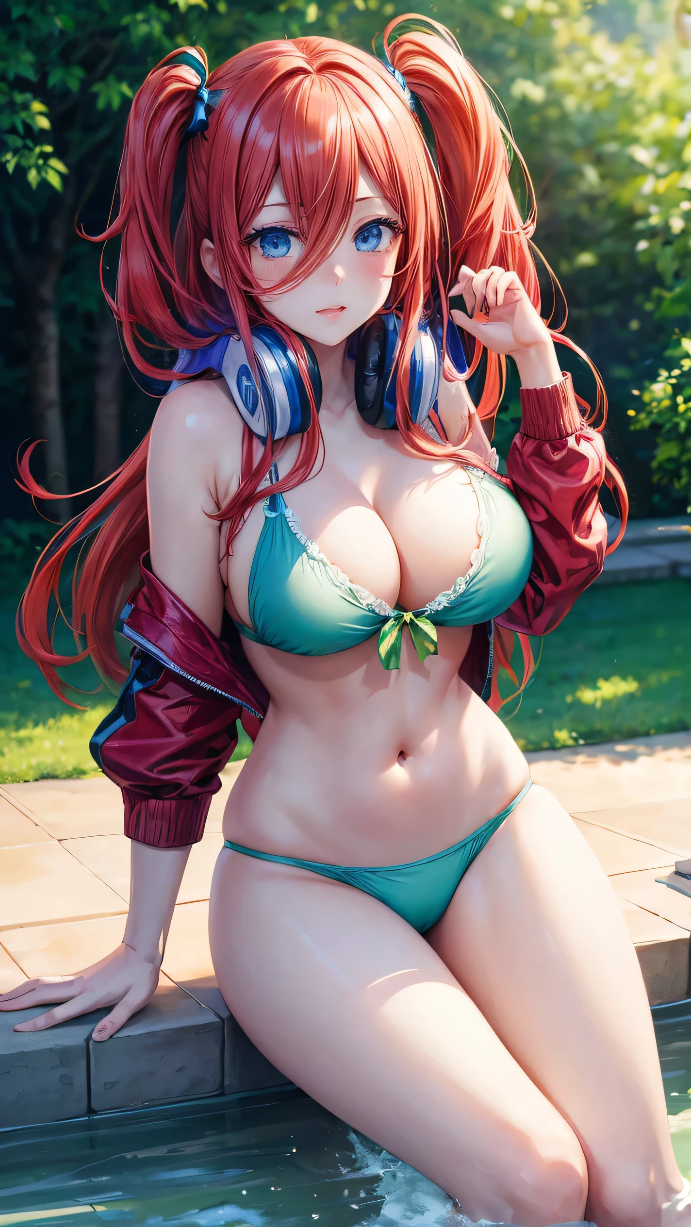 masterpiece, highres, best quality, Miku Nakano from Quintessential Quintuplets, sexy pose, red hair, seductive, blush, vivid colors, 4k, 8k, green bikini