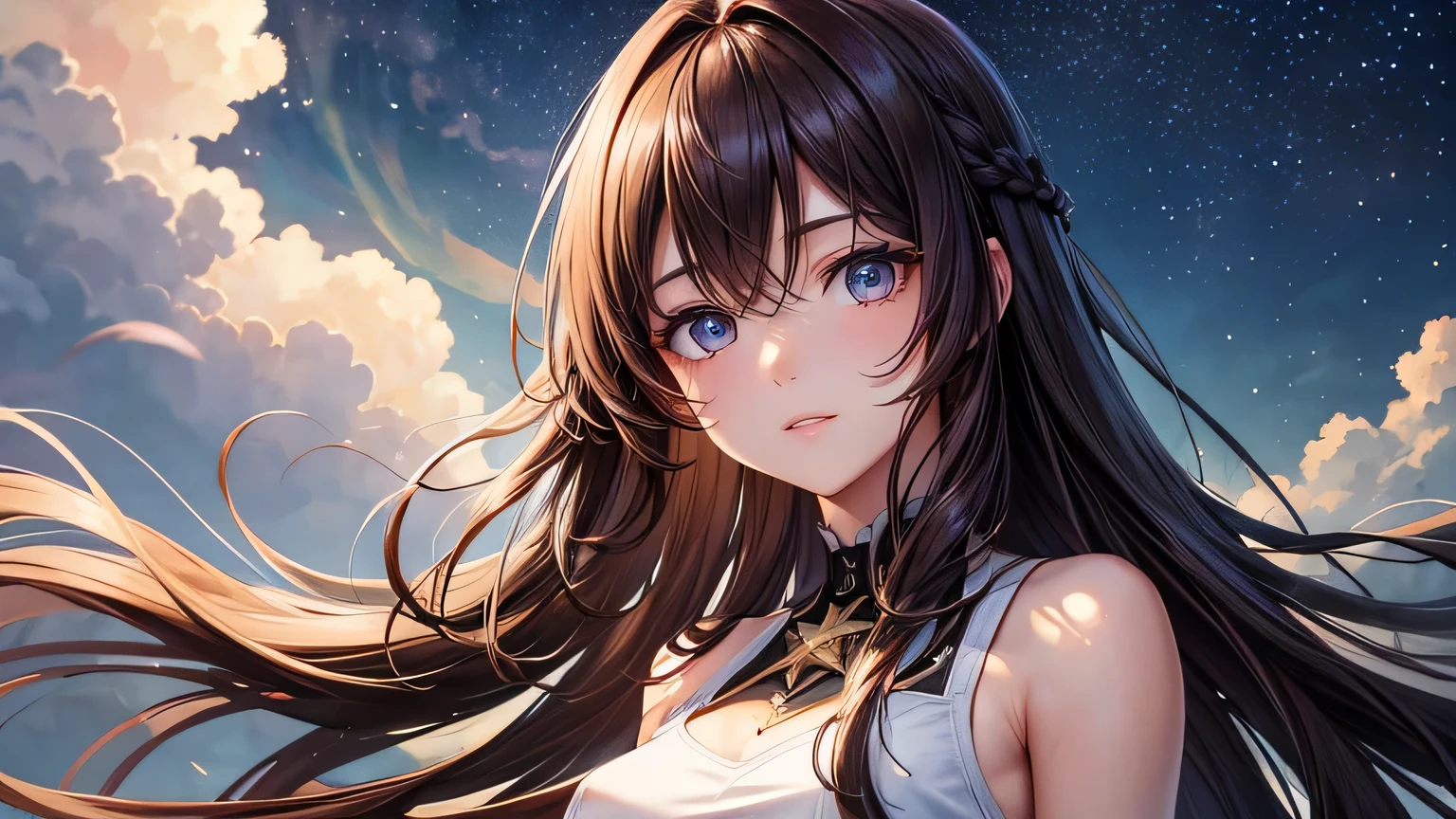 Beautiful woman 1.3, Beautiful brown hair、Straight Long Hair: 1.2, summer: 1.2,night: 1.1, Ultra-high resolution, Accurate, Super detailed, Textured skin, High detail, highest quality, 8k,Thin bangs,Upper Body,Well-drawn eyes, Focus on the face,White cross strap tank top dress,Detailed hair depiction,Detailed depiction of eyes、Detailed depiction of hair、Upper Body、Starry Sky