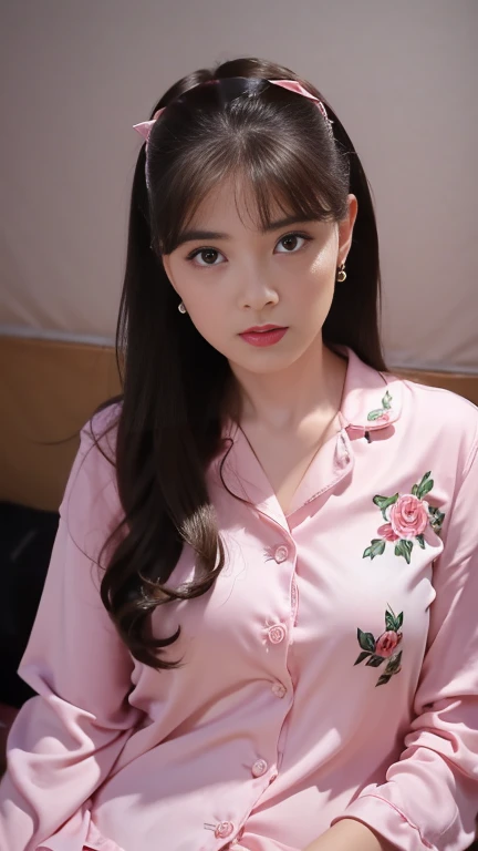 Best quality, masterpiece, super high resolution, (realistic: 1.4), original photo, 1 girl, hairpins, earrings, jewelry, brown hair, looking at the viewer, lips, playful, sexy silk pajamas printed with cute bear pattern, full body photo
