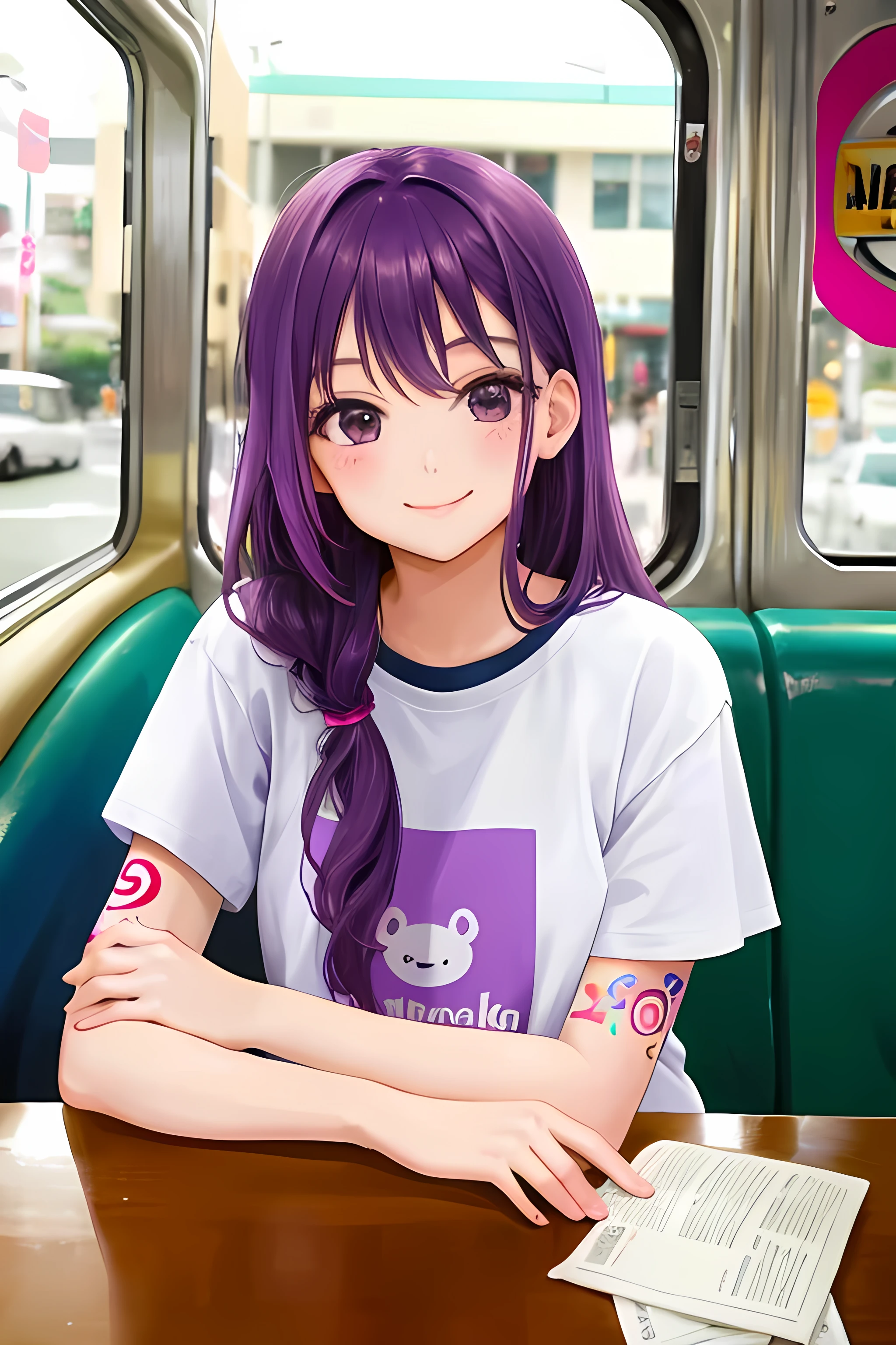 street photography photo of a young woman with purple hair, smile, happy, cute t-shirt, tattoos on her arms, sitting in a 50s diner