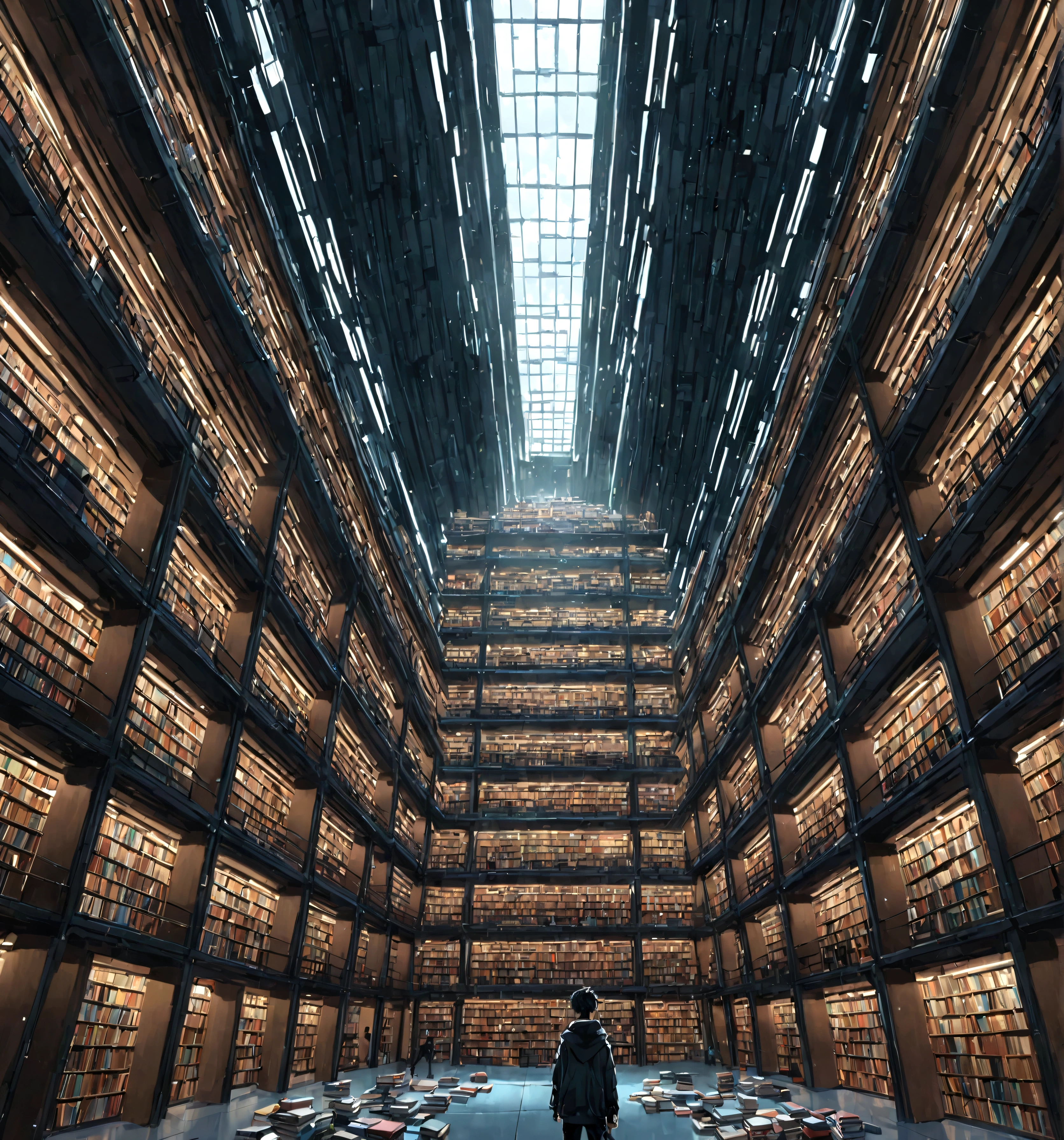 A giant futuristic library with thousands of books. The cyberpunk kid in the library center was stunned