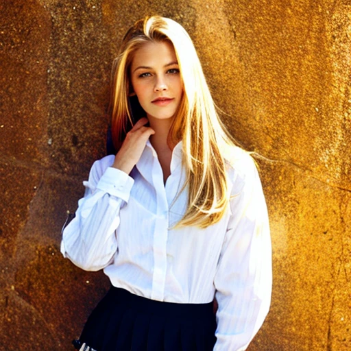 32k, masterpiece, best quality, 1girl, cowboy shot, solo, blonde girl, long hair, wearing miniskirt pleated, white shirt.