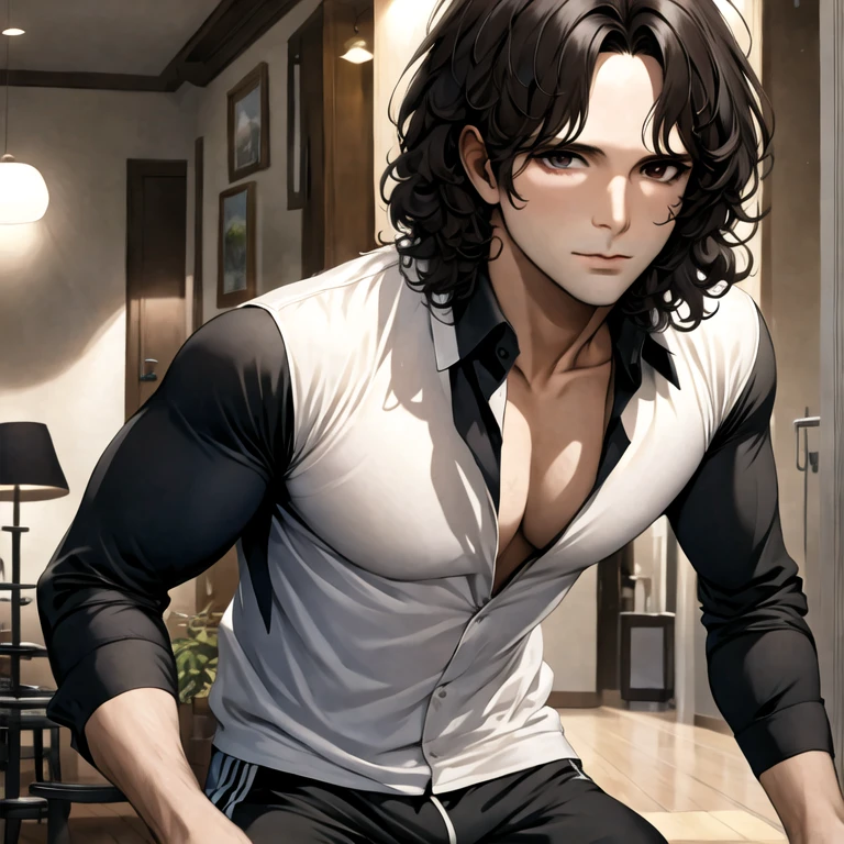 (masterpiece, best quality:1.2), 1chico neocruz, solo, black hair, cabello largo, ojos cafe claro, curly hair, messy hair,