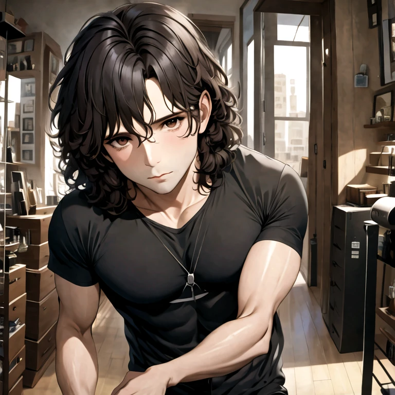 (masterpiece, best quality:1.2), 1chico neocruz, solo, black hair, cabello largo, ojos cafe claro, curly hair, messy hair,