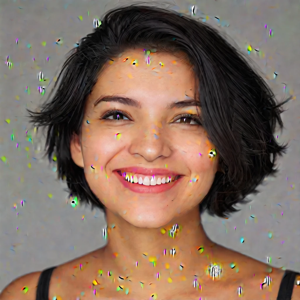 (masterpiece, best quality:1.2), 1girl, solo, A close-up portrait of a woman with short black hair, bright brown eyes, and a broad smile, facing the camera, with a plain grey background and natural lighting
