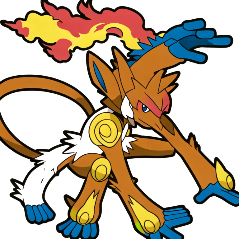 (masterpiece, best quality:1.2),solo,infernape \(pokemon\),pokemon \(creature\),full body,no humans,monkey,blue eyes,looking at viewer,smile,standing,tail,closed mouth,fire
