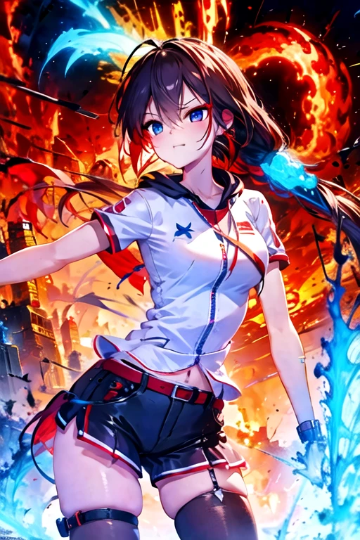 (masterpiece, best quality:1.2),anime style:1.8, 1girl, solo, Ultra-detailed, best quality, post apocalypse background,  red eye x blue eye,shadow, flame
