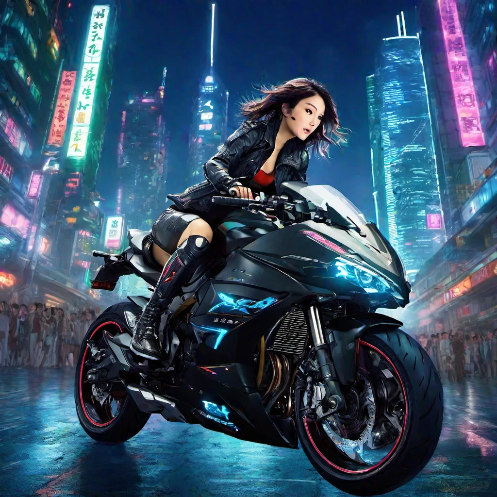 (masterpiece, best quality:1.2), Angle from the front, action, Great composition, A beautiful woman wearing a rider suit and riding a big bike、No helmet、cyber punk、A futuristic city at night with only skyscrapers、A depiction that gives a sense of speed、Dynamic Movement、タイヤが大きい、女性の足は長め