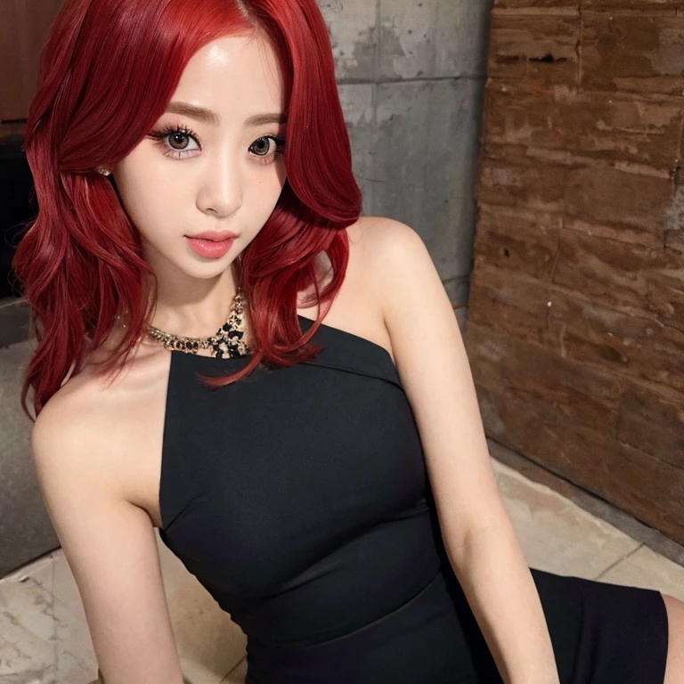 (masterpiece, best quality:1.2), 1girl, solo, Yu_ji, red hair, black dress