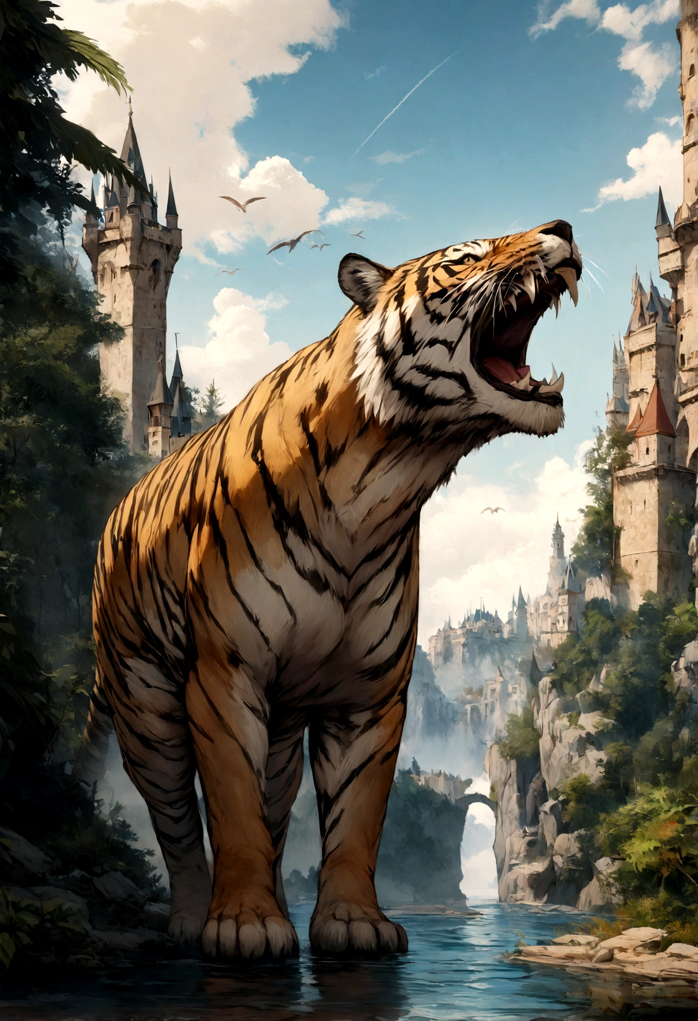 (highest quality,4K,High resolution,masterpiece:1.2),Very detailed,(Actual,photoActual:1.37),Wonderful nature,Castle visible in the distance,Vivid sky,Dense forest,endless ocean,Conquer the Tyrannosaurus Rex,Flying tiger with wings,Warm color palette、A wild and strong tiger