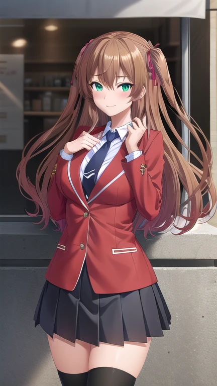 ((masterpiece)),(best quality),official art,extremely delicate and beautiful,extremely detailed CG,unity 8k wallpaper,ultra detailed,beautiful detailed eyes,extremely detailed face,outdoors,1girl,solo,cowboy shot,looking at viewer,facing viewer,smile,Tomizawa Erisu,long hair,brown hair,twintails,two side up,hair ribbon,red ribbon,sidelocks,hair between eyes,bangs,green eyes,,red jacket,blazer,buttons,blue necktie,collared shirt,white shirt,large breasts,long sleeves,miniskirt,black skirt,pleated skirt,zettai ryouiki,black thighhighs,loafers,brown footwear,