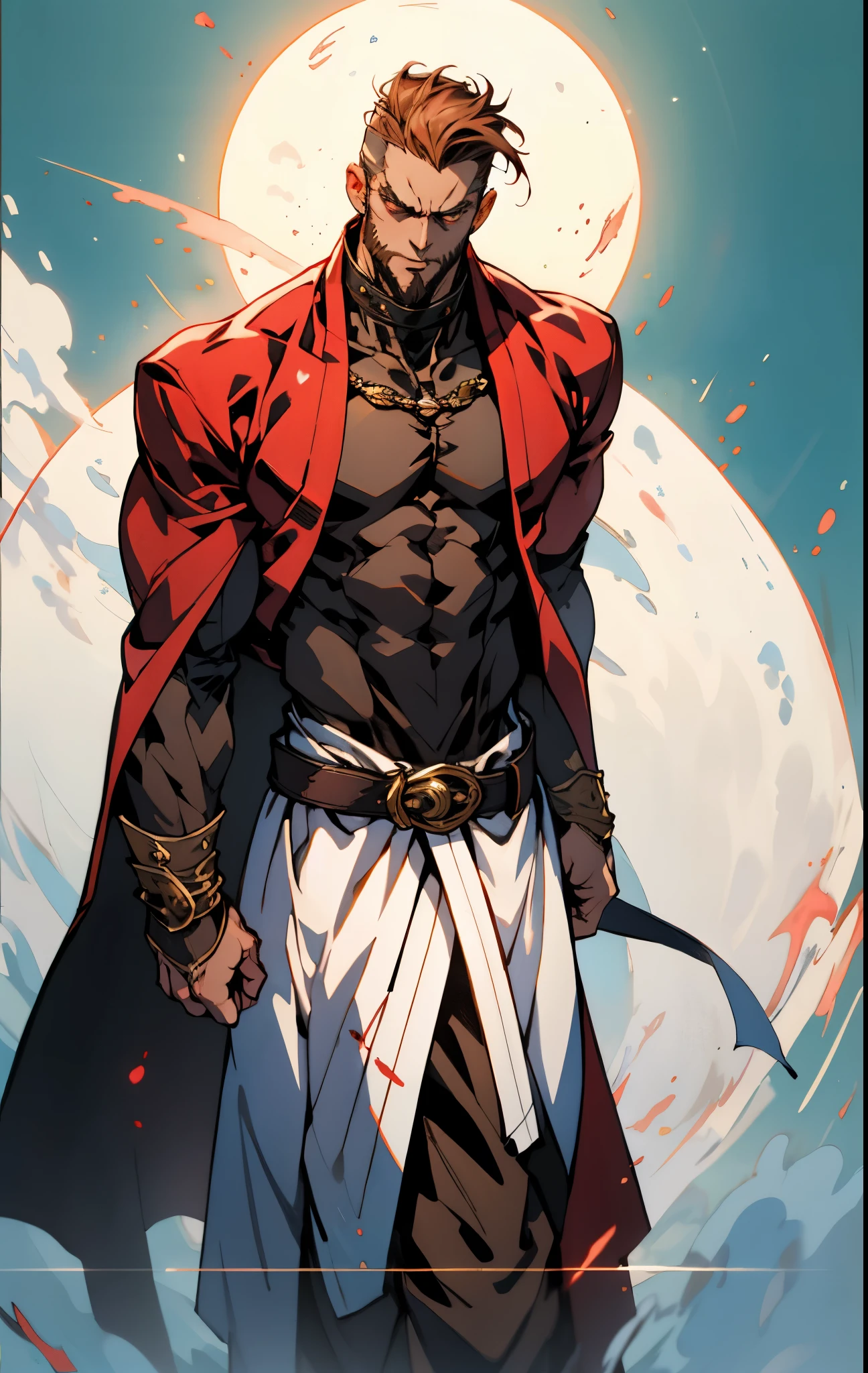 A 50-year-old man with slicked-back reddish-brown short hair, a large beard covering the lower half of his face, piercing eyes, handsome features, an open dark red fantasy martial arts-style robe coat, flowing short sleeves, a black and white undershirt, matching cloth trousers, a metal belt buckle, he exudes a dark red aura of death, strides down a desolate and silent moonlit street, this character embodies a finely crafted fantasy martial arts-style overlord in anime style, exquisite and mature manga art style, dramatic, high definition, best quality, highres, ultra-detailed, ultra-fine painting, extremely delicate, professional, perfect body proportions, golden ratio, anatomically correct, symmetrical face, extremely detailed eyes and face, high quality eyes, creativity, RAW photo, UHD, 32k, Natural light, cinematic lighting, masterpiece-anatomy-perfect, masterpiece:1.5