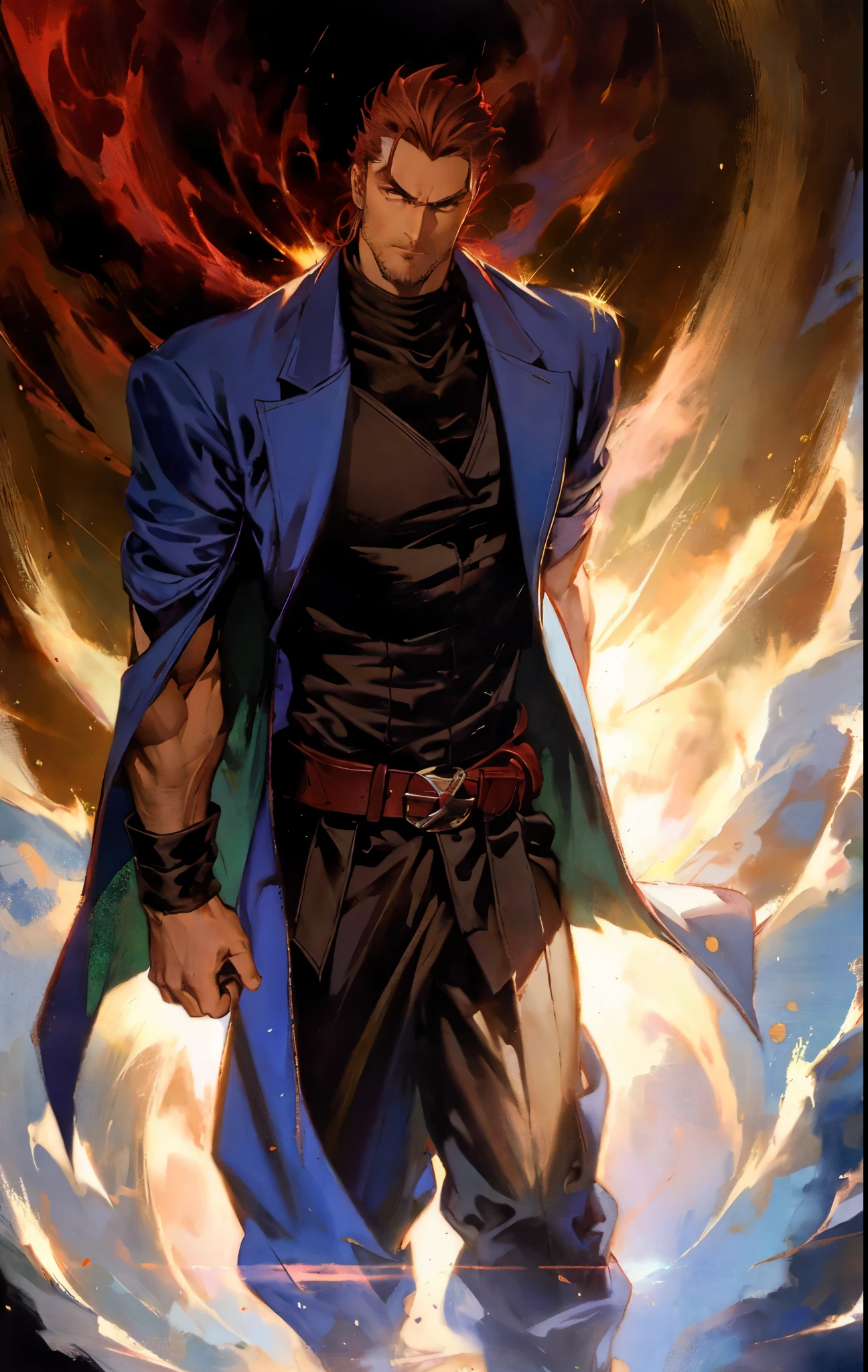 A 50-year-old man with slicked-back reddish-brown short hair, a large beard covering the lower half of his face, piercing eyes, handsome features, an open dark red fantasy martial arts-style robe coat, flowing short sleeves, a black and white undershirt, matching cloth trousers, a metal belt buckle, he exudes a dark red aura of death, strides down a desolate and silent moonlit street, this character embodies a finely crafted fantasy martial arts-style overlord in anime style, exquisite and mature manga art style, dramatic, high definition, best quality, highres, ultra-detailed, ultra-fine painting, extremely delicate, professional, perfect body proportions, golden ratio, anatomically correct, symmetrical face, extremely detailed eyes and face, high quality eyes, creativity, RAW photo, UHD, 32k, Natural light, cinematic lighting, masterpiece-anatomy-perfect, masterpiece:1.5