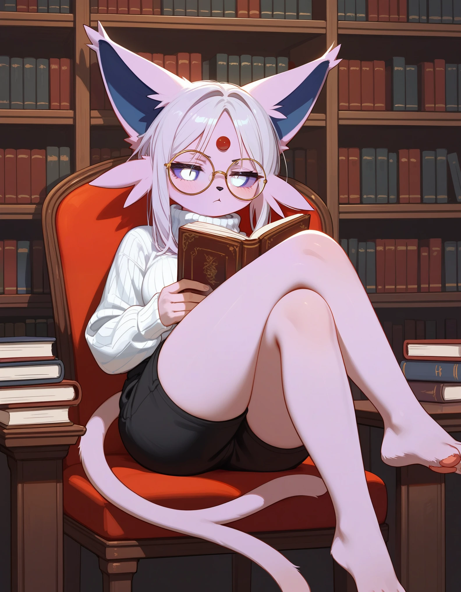 score_9,score_8_up,score_7_up, anthro furry female espeon Pokemon, purple sclera, white eyes, wearing white turtleneck sweater, black shorts, feet paws with four toes, big round glasses, jitome, bored expression, serious expression, in a library, sitting on a chair, legs crossed, holding a book