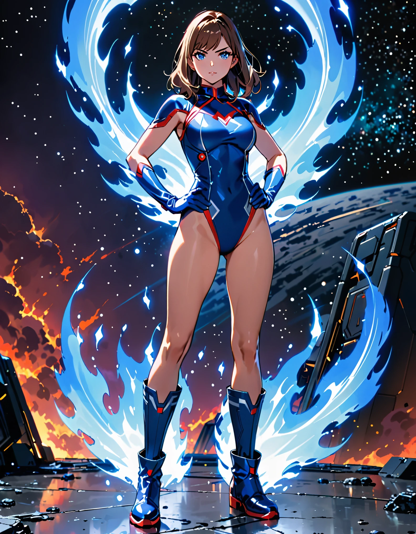 (masterpiece, best quality, high quality, highres:1.4), detailed, extremely detailed, ambient soft lighting, 4K, 1girl, 1girl, solo, solo focus, female superhero, medium breasts, leotard, red and blue leotard, boots, matching boots, gloves, matching gloves, brown hair, blue-grey eyes, full body, (legs straight). standing straight, hand on hips, outer space backdrop, bare legs, (power, aura, blue aura), full body costume design.