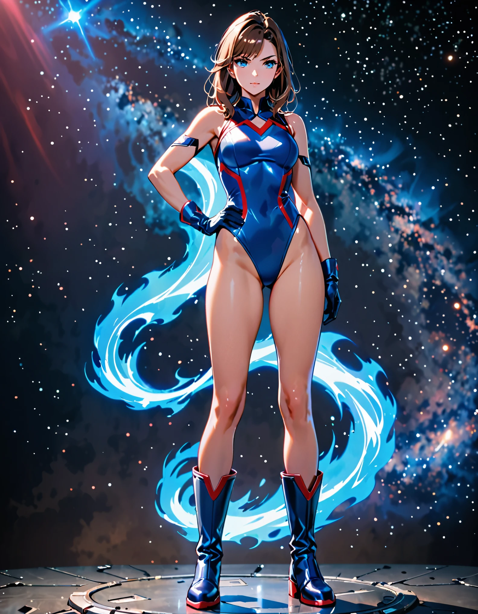 (masterpiece, best quality, high quality, highres:1.4), detailed, extremely detailed, ambient soft lighting, 4K, 1girl, 1girl, solo, solo focus, female superhero, medium breasts, leotard, red and blue leotard, boots, matching boots, gloves, matching gloves, brown hair, blue-grey eyes, full body, (legs straight). standing straight, hand on hips, outer space backdrop, bare legs, (power, aura, blue aura), full body costume design.
