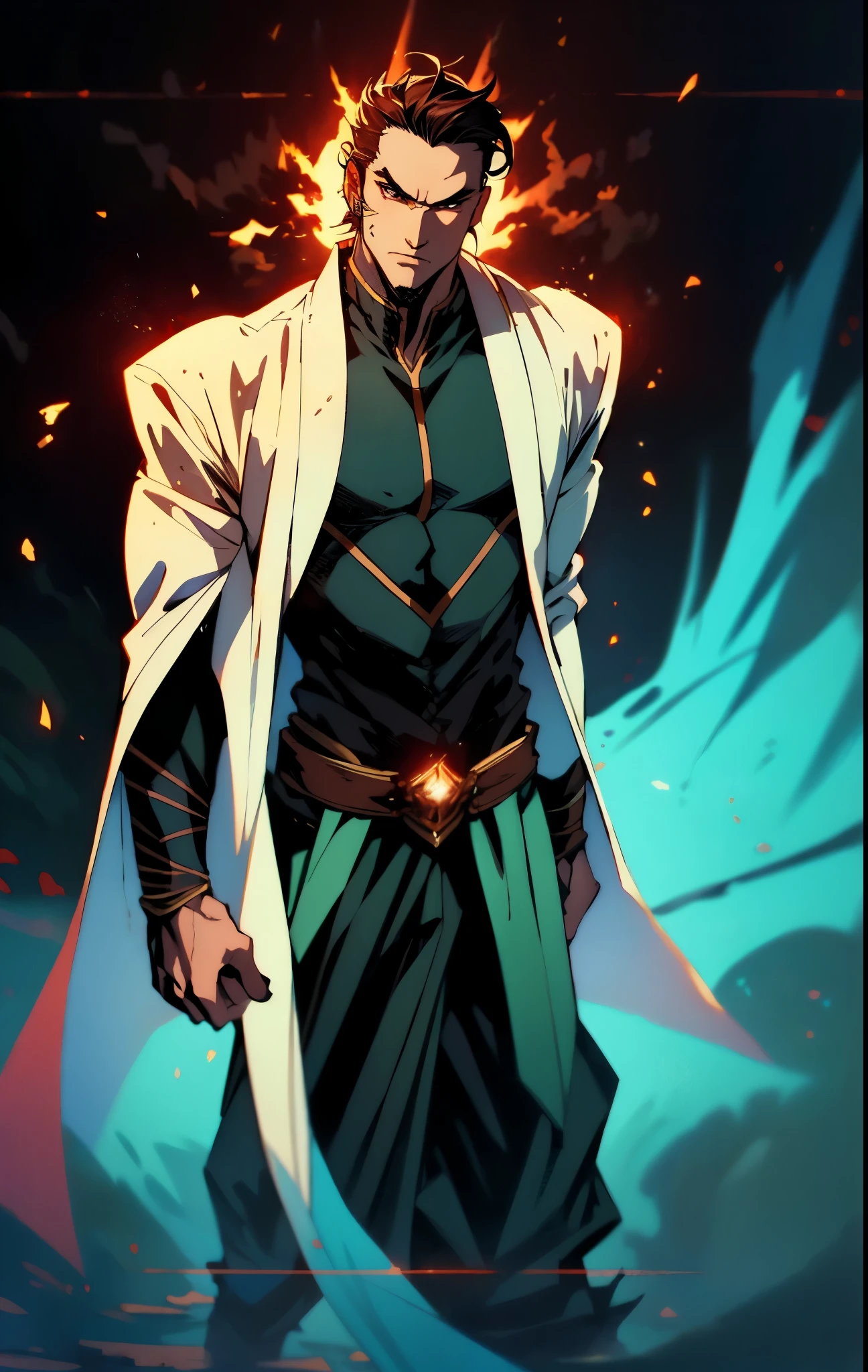A 50-year-old man with slicked-back reddish-brown short hair, a large beard covering the lower half of his face, piercing eyes, handsome features, an open dark red fantasy martial arts-style robe coat, flowing short sleeves, a black and white undershirt, matching cloth trousers, a metal belt buckle, he exudes a dark red aura of death, strides down a desolate and silent moonlit street, this character embodies a finely crafted fantasy martial arts-style overlord in anime style, exquisite and mature manga art style, dramatic, high definition, best quality, highres, ultra-detailed, ultra-fine painting, extremely delicate, professional, perfect body proportions, golden ratio, anatomically correct, symmetrical face, extremely detailed eyes and face, high quality eyes, creativity, RAW photo, UHD, 32k, Natural light, cinematic lighting, masterpiece-anatomy-perfect, masterpiece:1.5