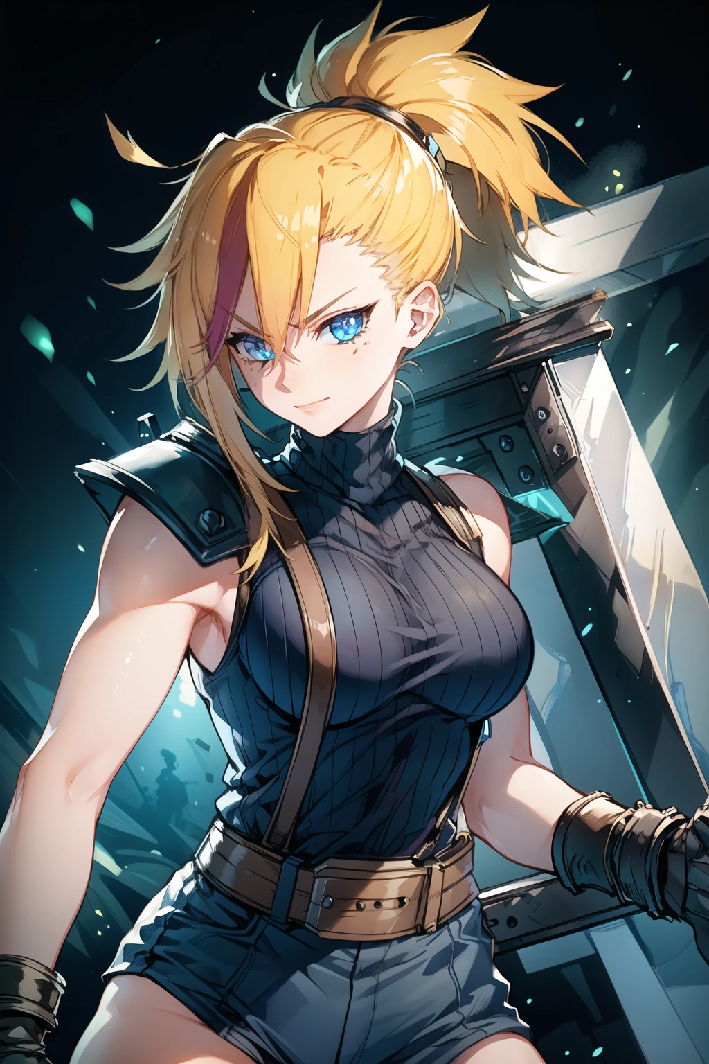 (masterpiece, best quality:1.2), Blue glowing eyes, perfect face, highres, 1 girl, solo, ultra long ponytail, (female:1.5), strife, blonde hair, shoulder armor, sleeveless turtleneck, suspenders, belt, gloves, bracer, evil smile, standing, portrait, looking at viewer, giant sword on the back
