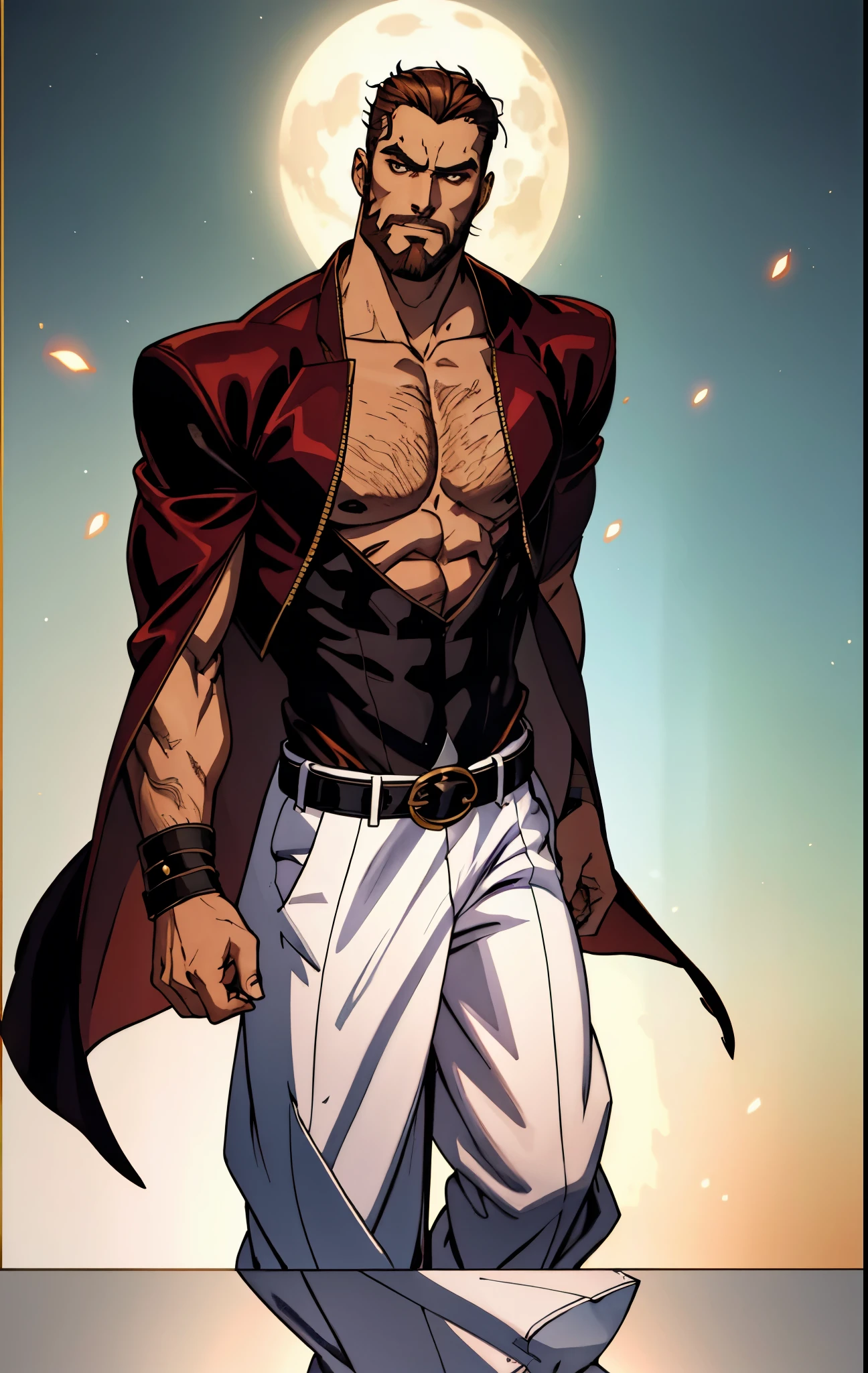 A 50-year-old man with slicked-back reddish-brown short hair, a large beard covering the lower half of his face, piercing eyes, handsome features, an open dark red fantasy martial arts-style robe coat, flowing short sleeves, a black and white undershirt, matching cloth trousers, a metal belt buckle, he exudes a dark red aura of death, strides down a desolate and silent moonlit street, this character embodies a finely crafted fantasy martial arts-style overlord in anime style, exquisite and mature manga art style, dramatic, high definition, best quality, highres, ultra-detailed, ultra-fine painting, extremely delicate, professional, perfect body proportions, golden ratio, anatomically correct, symmetrical face, extremely detailed eyes and face, high quality eyes, creativity, RAW photo, UHD, 32k, Natural light, cinematic lighting, masterpiece-anatomy-perfect, masterpiece:1.5