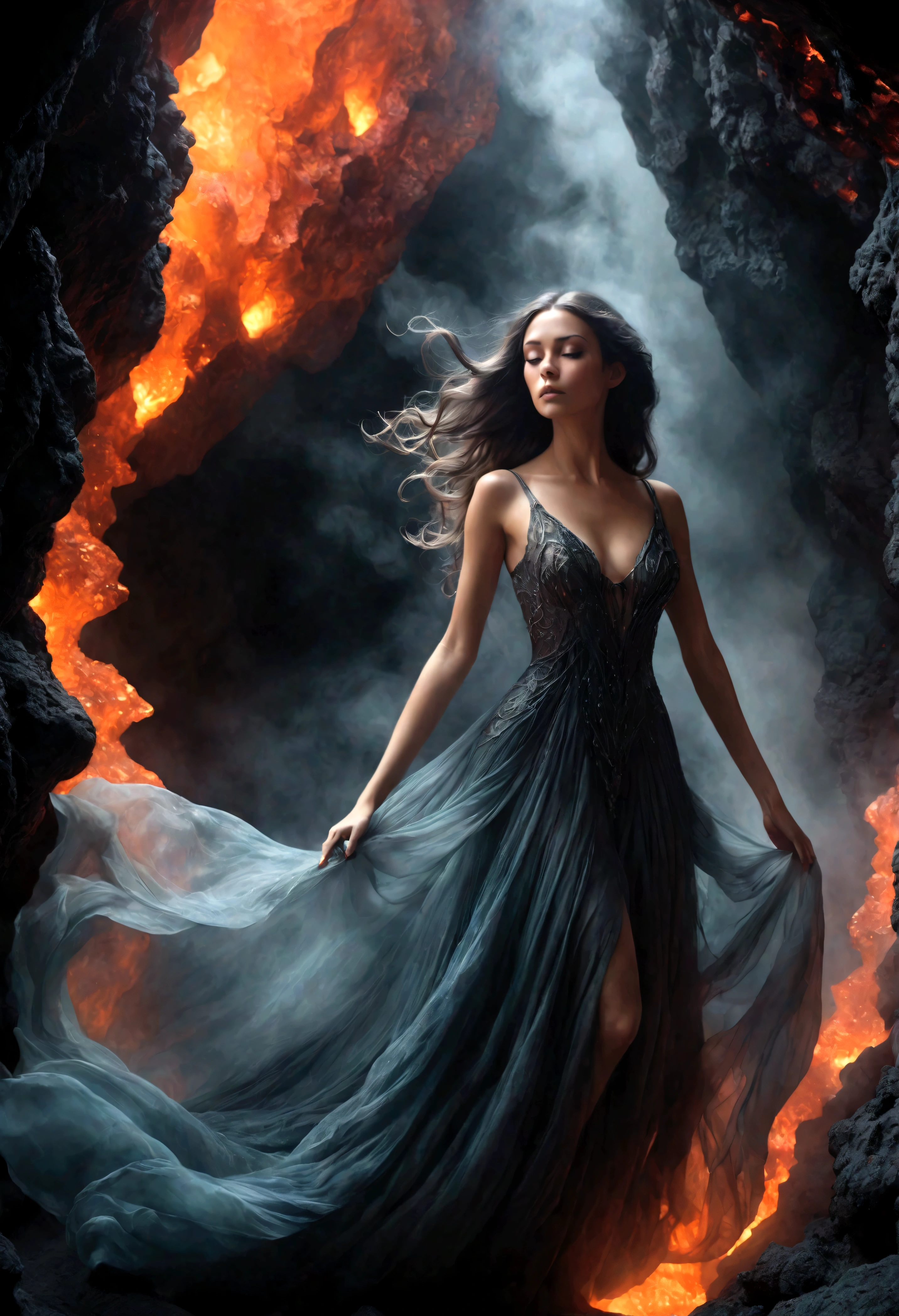 Dreamscape dark and moody portrait of a demon emissary in the midst of a darkly lit volcanic crystal cave where she floats among the magma flows with her mesmerizing visage and her (diaphanous dress billowing:1.4) amongst the smoke filled air. . Surreal, ethereal, dreamy, mysterious, fantasy, highly detailed