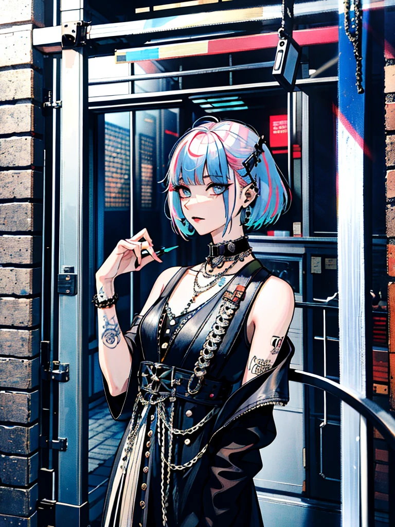 (Masterpiece:1.2, Best quality), (real photo, Intricate details), (1lady, solo, Upper body, small breast) ,all body,clothes:advance guard,advance guard,Experiment with appearance:Shave your head or bold hair color,Dramatic makeup,Unconventional fashion choice behavior:rebel、Not conformist、Provocation location:Urban Arts District、Underground music venues Hobbies:Take part in a punk show、Create mixed media art、Try different subcultural values:personality、authentic、Creative expression of inspiration:Punk rock music、Counterculture icons,Avant-garde art movement character traits:daring、daring、act outside the box。