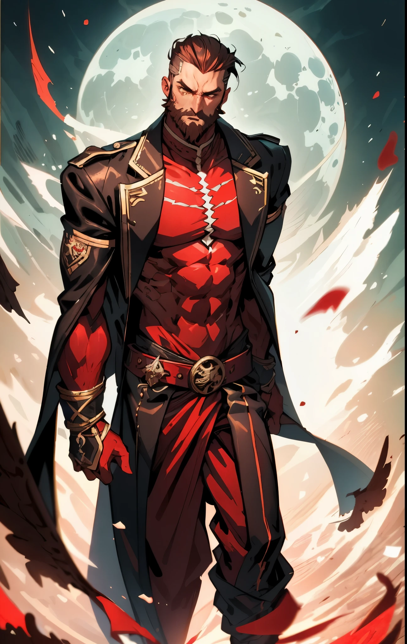 A 50-year-old man with slicked-back reddish-brown short hair, a large beard covering the lower half of his face, piercing eyes, handsome features, an open dark red fantasy martial arts-style robe coat, flowing short sleeves, a black and white undershirt, matching cloth trousers, a metal belt buckle, he exudes a dark red aura of death, strides down a desolate and silent moonlit street, this character embodies a finely crafted fantasy martial arts-style overlord in anime style, exquisite and mature manga art style, dramatic, high definition, best quality, highres, ultra-detailed, ultra-fine painting, extremely delicate, professional, perfect body proportions, golden ratio, anatomically correct, symmetrical face, extremely detailed eyes and face, high quality eyes, creativity, RAW photo, UHD, 32k, Natural light, cinematic lighting, masterpiece-anatomy-perfect, masterpiece:1.5