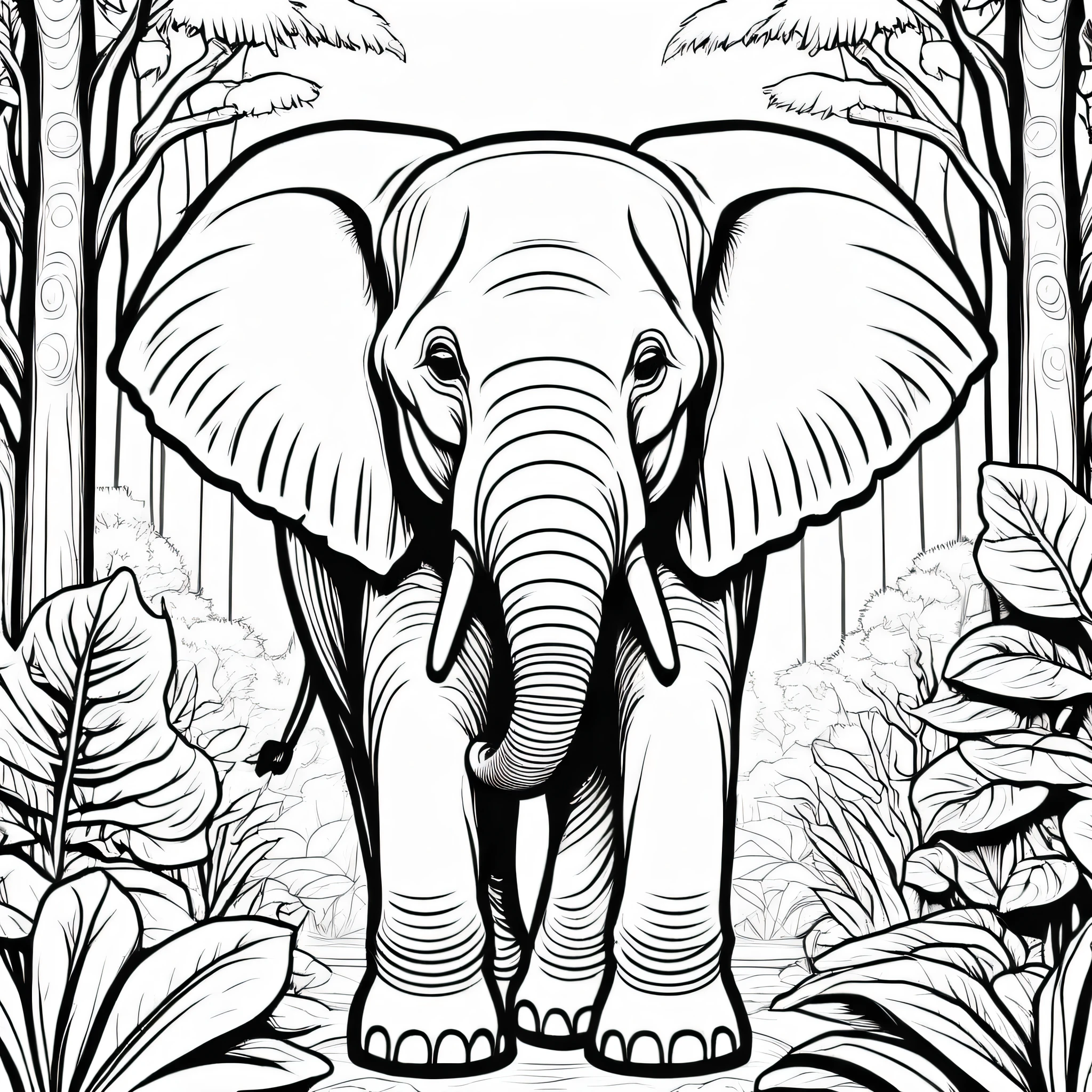 A cute African Elephant in the forest, cartoon, ,Coloring Book, ColoringBookAF,