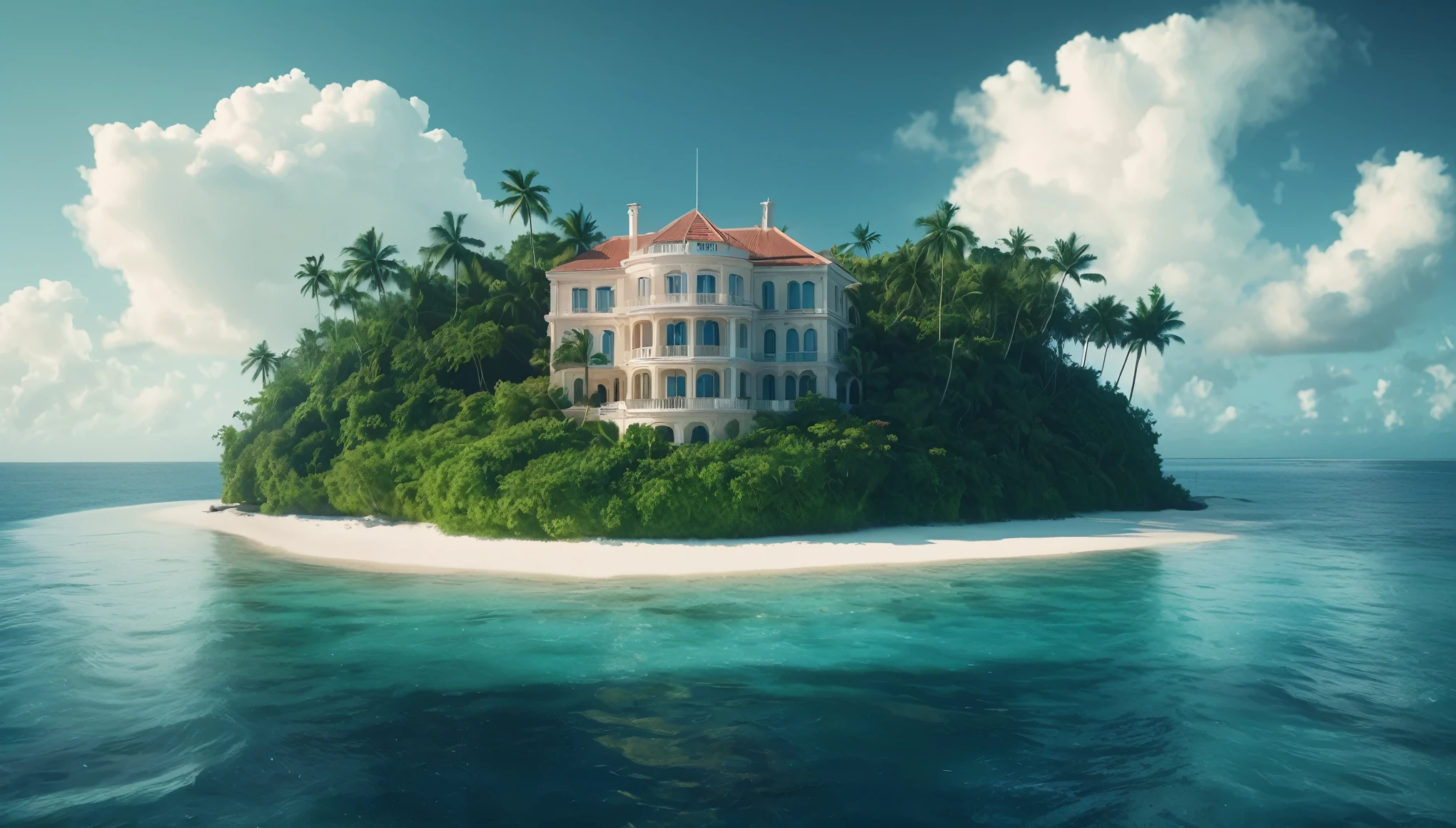 Create an image of a multi-story beautiful ornate luxury modern mansion perched precariously at the end of a tiny tropical island in the middle of the vast ocean. The island is lush with tropical vegetation. The scene should be cinematic, resembling a film still shot on a V-Raptor XL, with a film grain texture, vignette effect, and color grading to enhance the dramatic atmosphere. The lighting should be cinematic, with a 35mm film quality and a live-action feel, meticulously post-processed to create an epic and stunning visual masterpiece. The mood should be a blend of exciting beautiful tranquility and amazing intensity, making the viewer feel a sense of awe and amazement. The sky should be clear with a few cumulus clouds, adding to the atmospheric tone of the image.

The image should evoke a sense of wonder and mystery, captivating art critics and evoking new emotions in those who view it. Ultra photo realistic, vibrant colors, 16 k