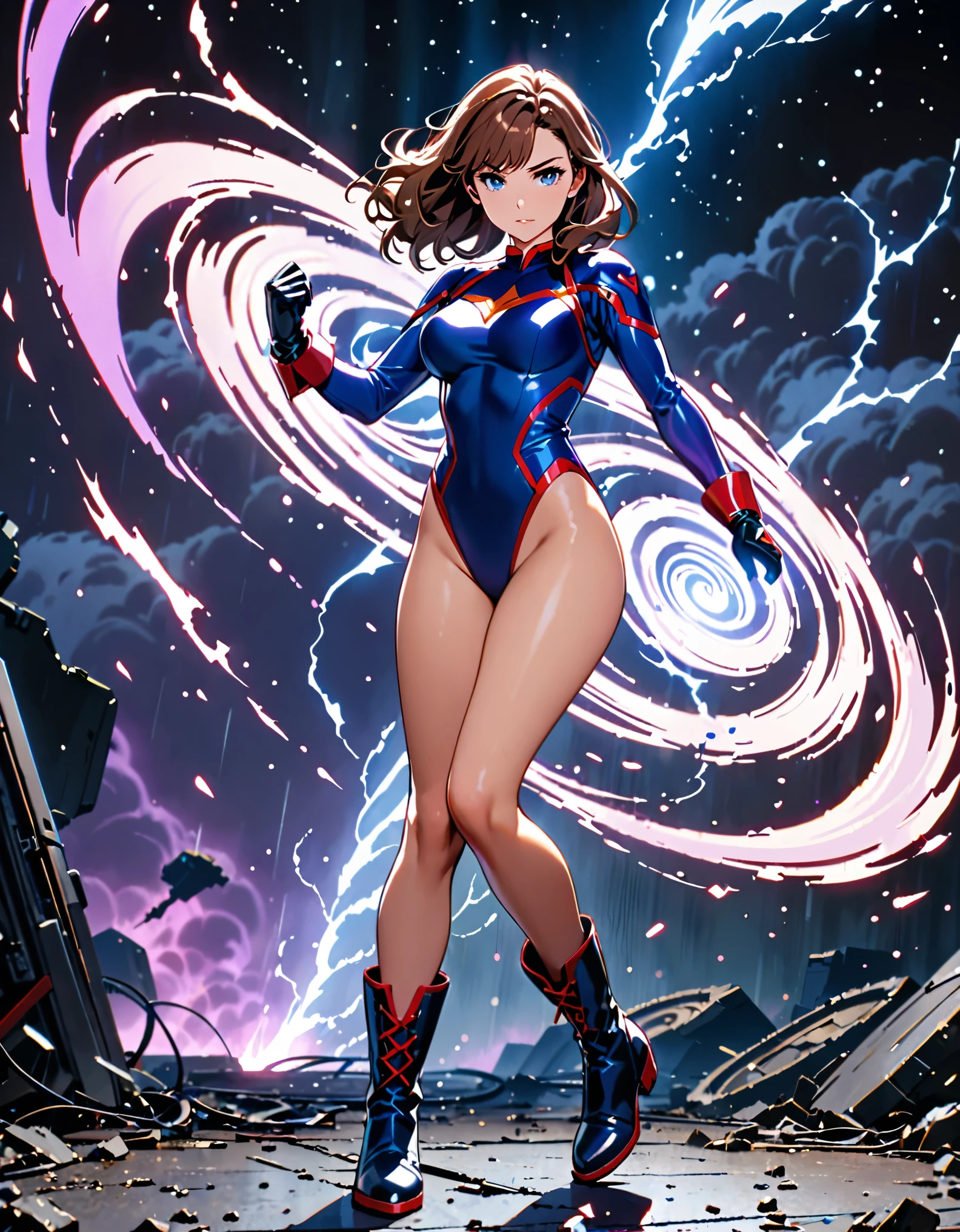 (masterpiece, best quality, high quality, highres:1.4), detailed, extremely detailed, ambient soft lighting, 4K, 1girl, 1girl, solo, solo focus, female superhero, medium breasts, leotard, red and blue leotard, bare legs, boots, matching boots, gloves, matching gloves, brown hair, blue-grey eyes, full body. (legs straight). outer space backdrop, bare legs, (power, aura, purple aura), full body costume design. (she spins) at an (incredible speed), creating a whirlwind of air around her. curved sword smash. ((she spins)) into a ((tornado)).