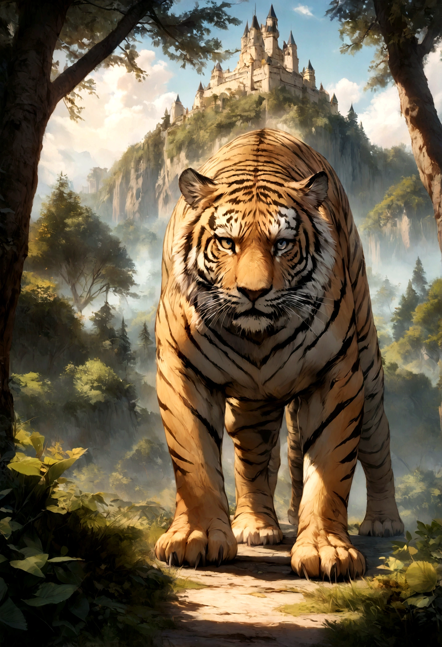 (highest quality,4K,High resolution,masterpiece:1.2),Very detailed,(Actual,photoActual:1.37),Wonderful nature,Castle visible in the distance,Vivid sky,Dense forest,endless ocean,Conquer the Tyrannosaurus Rex,Flying tiger with wings,Warm color palette、A wild and strong tiger