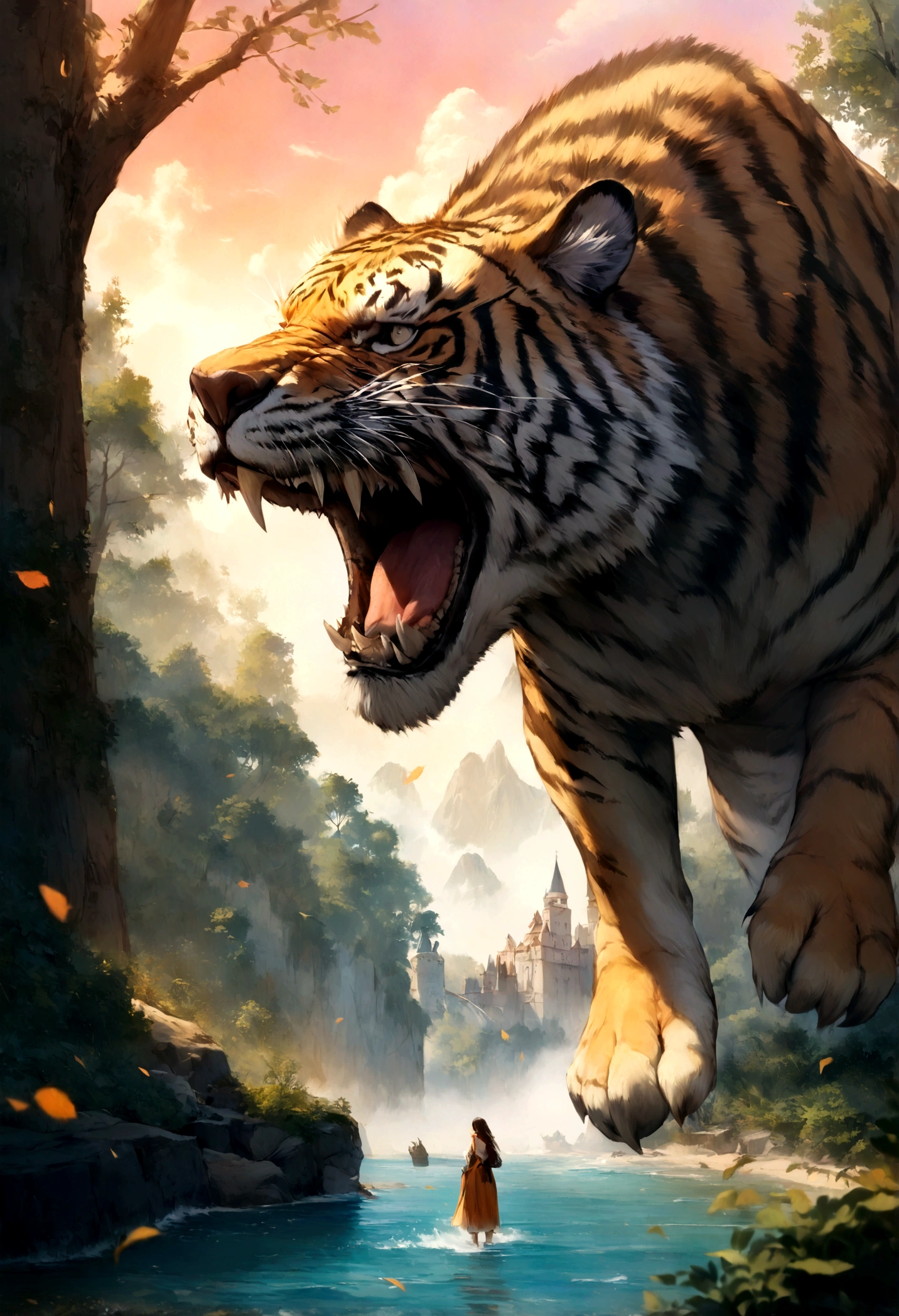 (highest quality,4K,High resolution,masterpiece:1.2),Very detailed,(Actual,photoActual:1.37),Wonderful nature,Castle visible in the distance,Vivid sky,Dense forest,endless ocean,Conquer the Tyrannosaurus Rex,Flying tiger with wings,Warm color palette、A wild and strong tiger